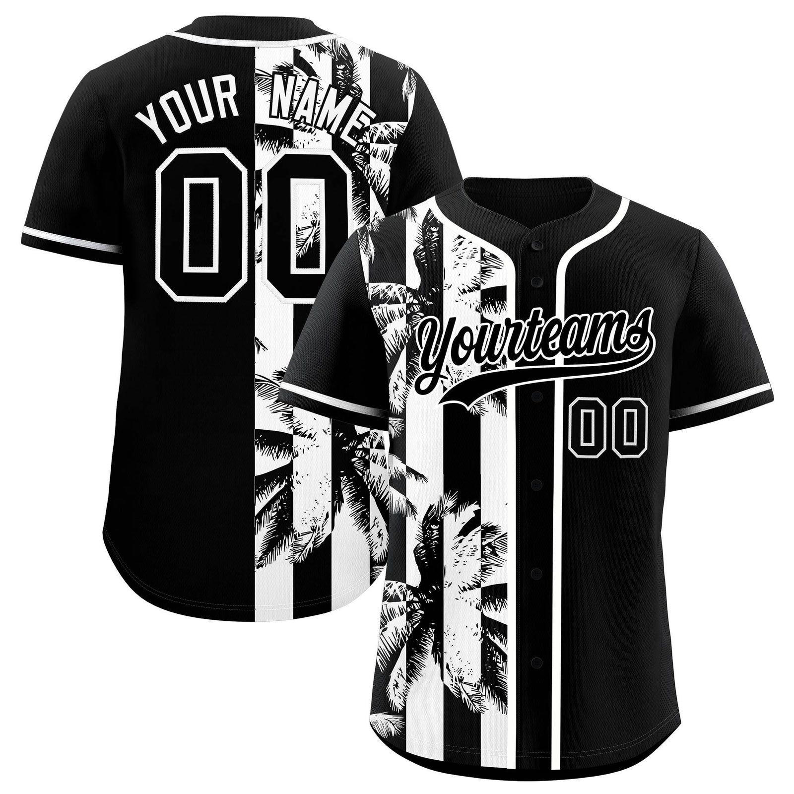 Custom Black White Split Fashion Coconut Tree Design Authentic Baseball Jersey