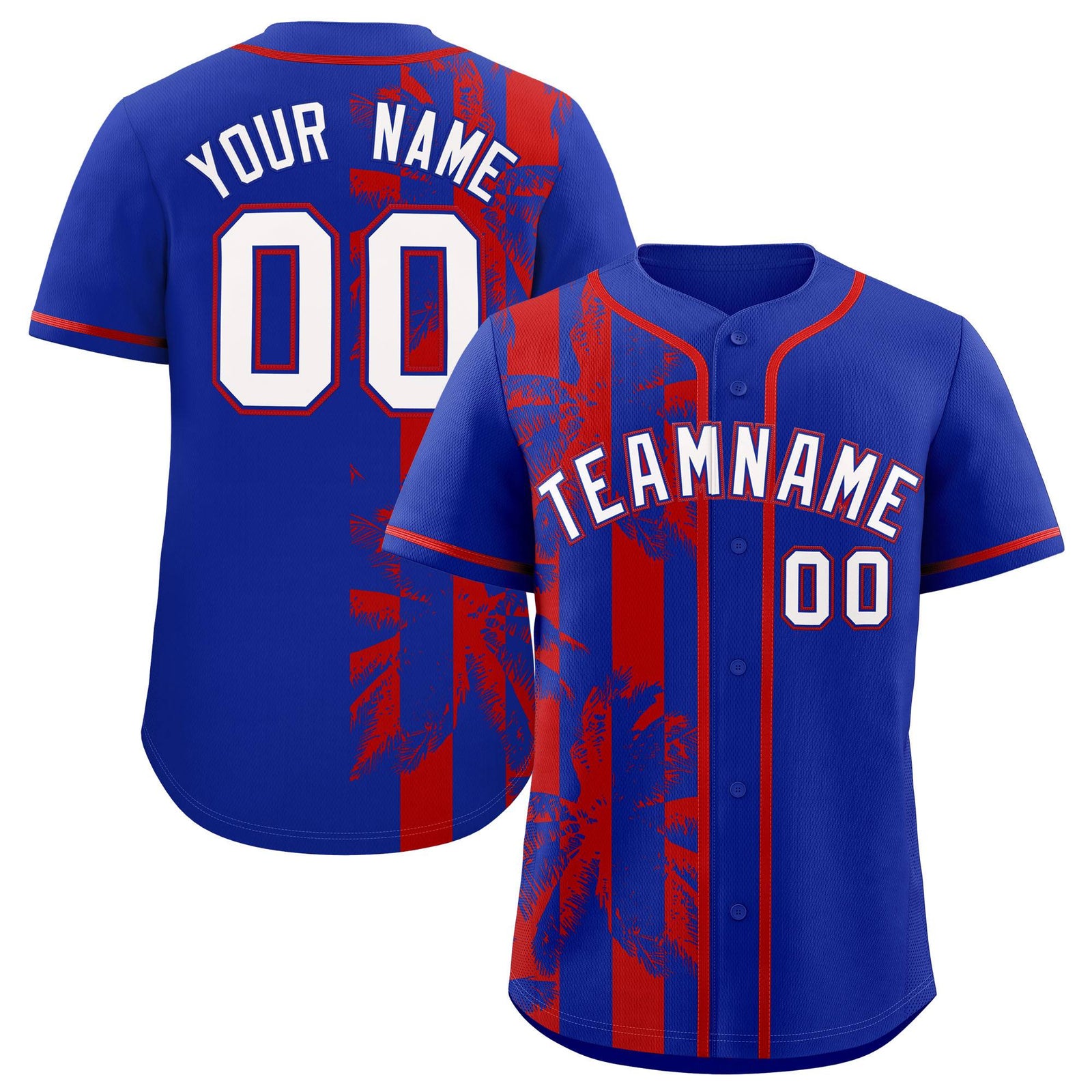 Custom Royal Red Split Fashion Coconut Tree Design Authentic Baseball Jersey