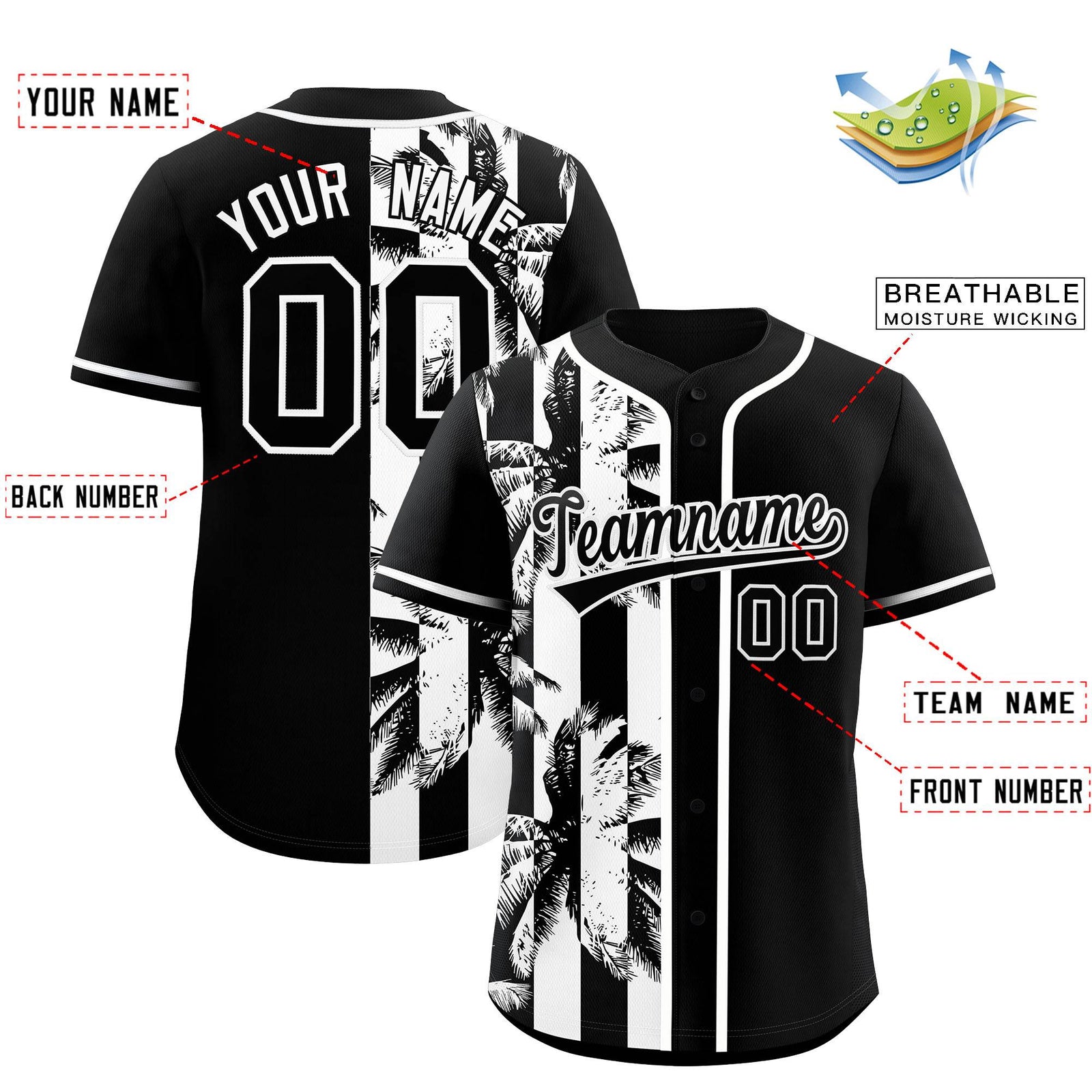 Custom Black White Split Fashion Coconut Tree Design Authentic Baseball Jersey