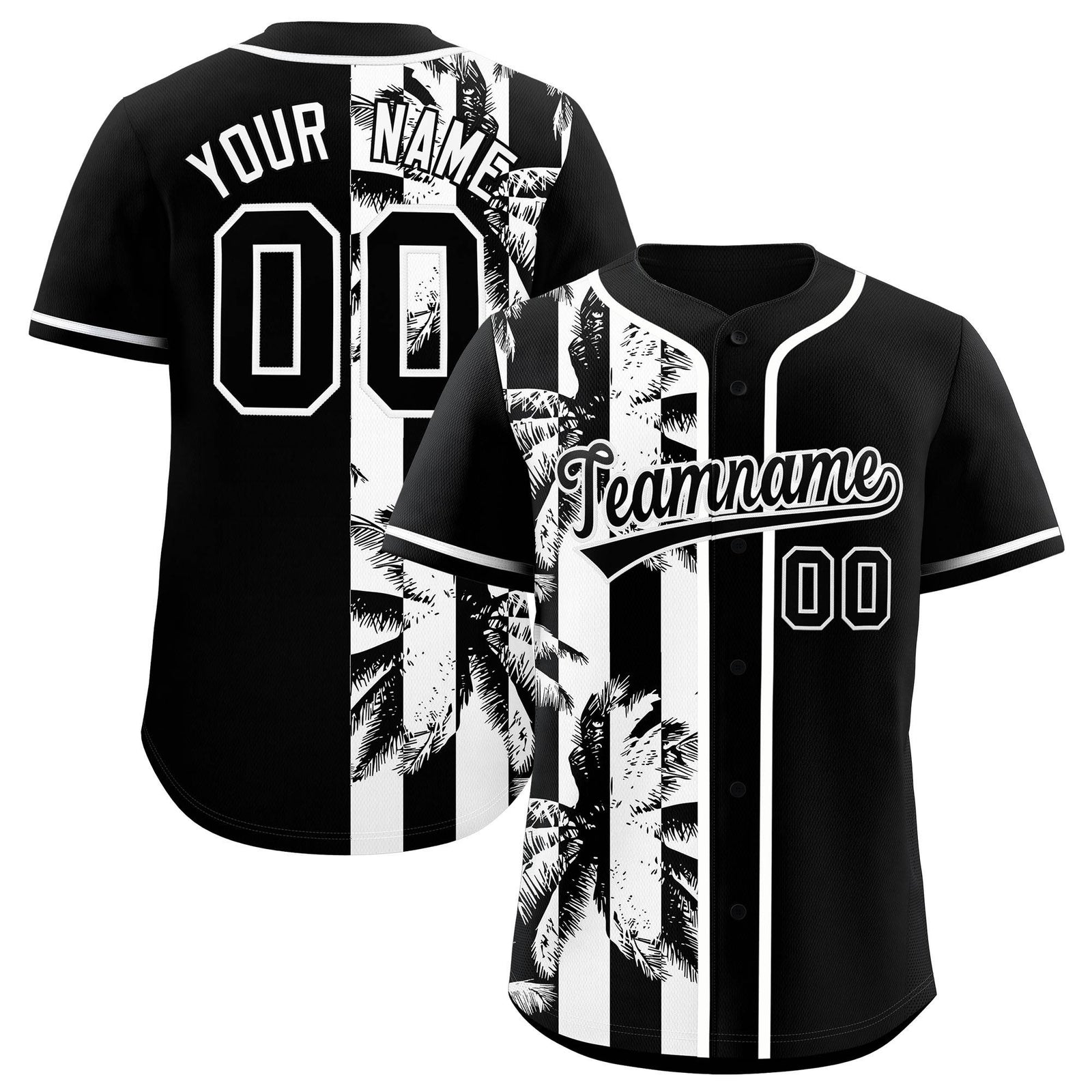 Custom Black White Split Fashion Coconut Tree Design Authentic Baseball Jersey