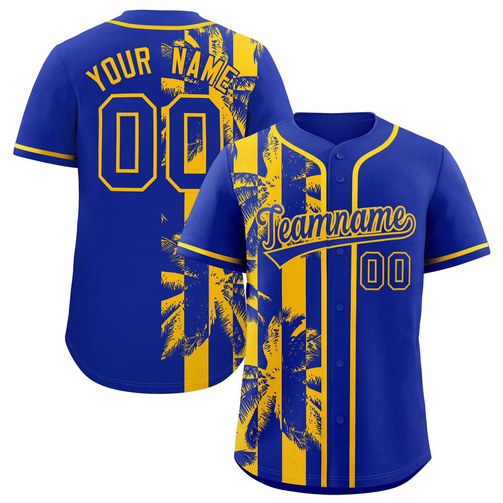 Custom Royal Yellow Split Fashion Coconut Tree Design Authentic Baseball Jersey