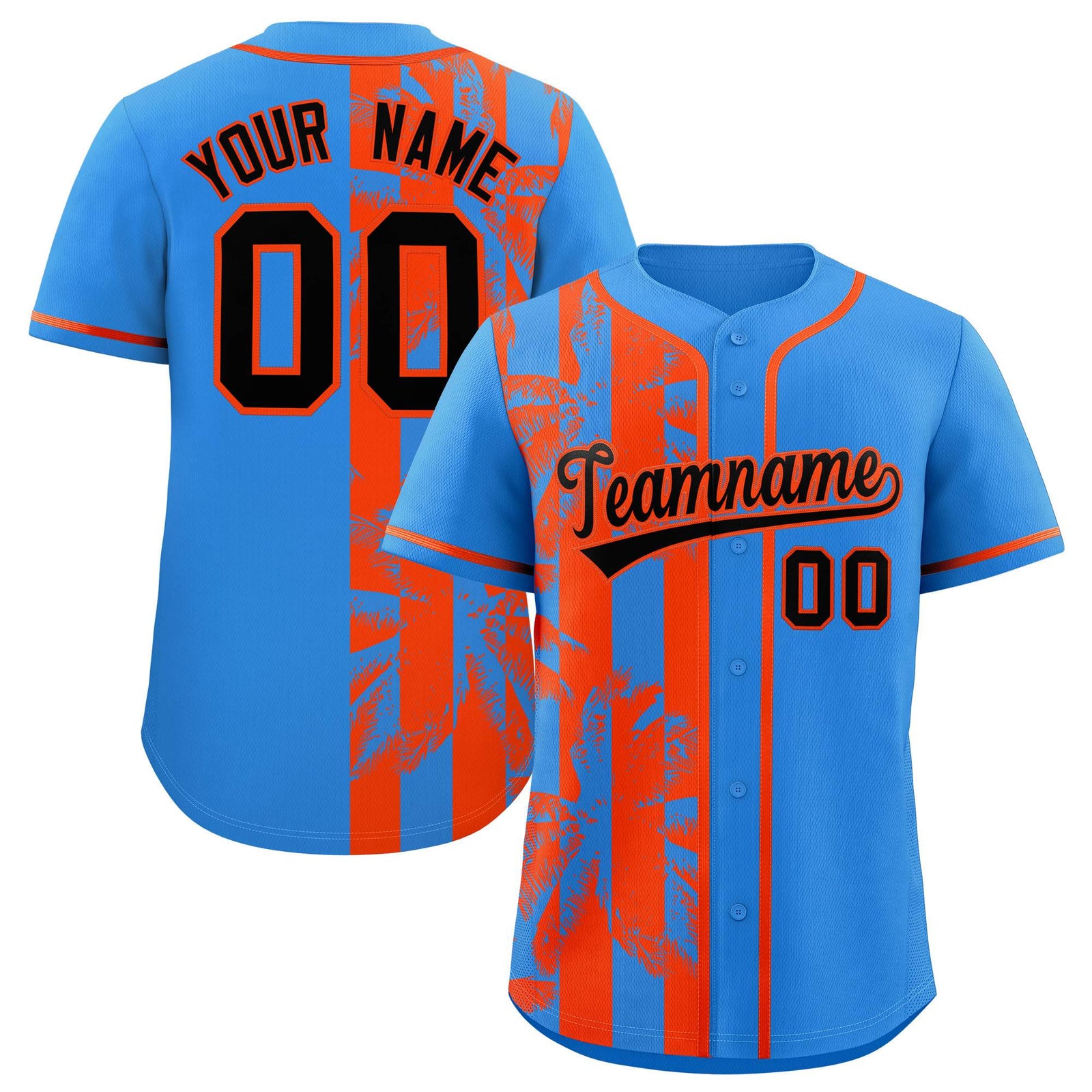 Custom Powder Blue Orange Split Fashion Coconut Tree Design Authentic Baseball Jersey