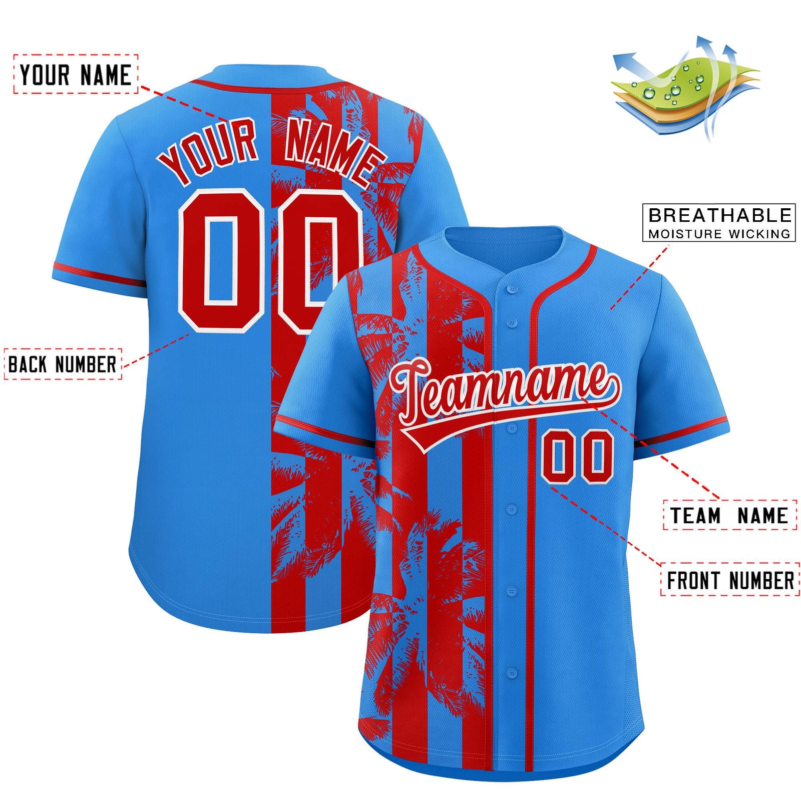 Custom Powder Blue Red Split Fashion Coconut Tree Design Authentic Baseball Jersey