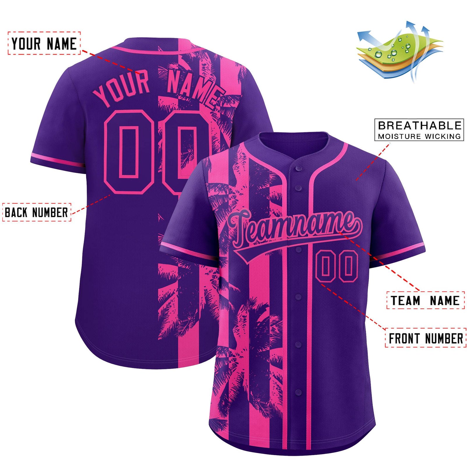 Custom Purple Pink Split Fashion Coconut Tree Design Authentic Baseball Jersey