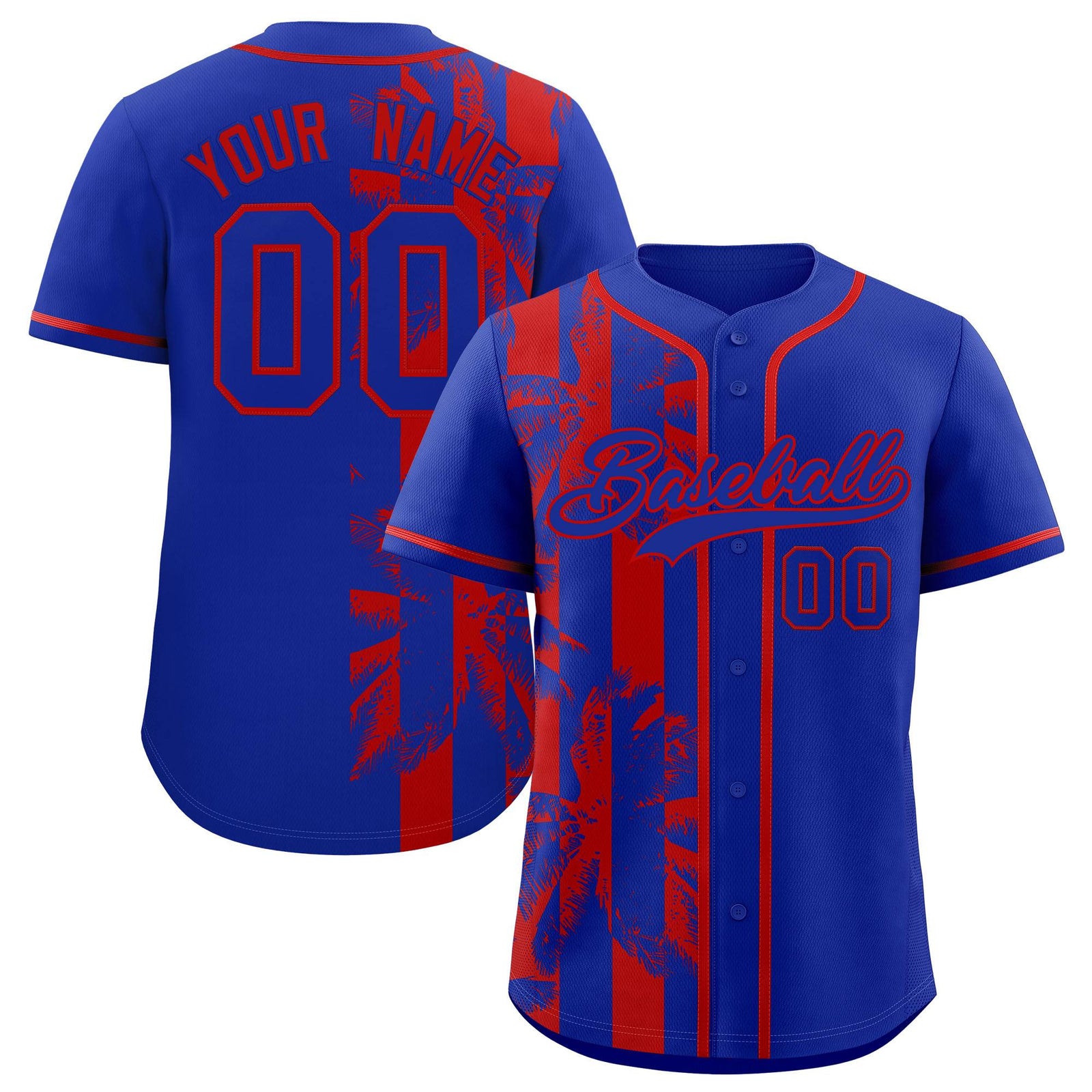 Custom Royal Red Split Fashion Coconut Tree Design Authentic Baseball Jersey