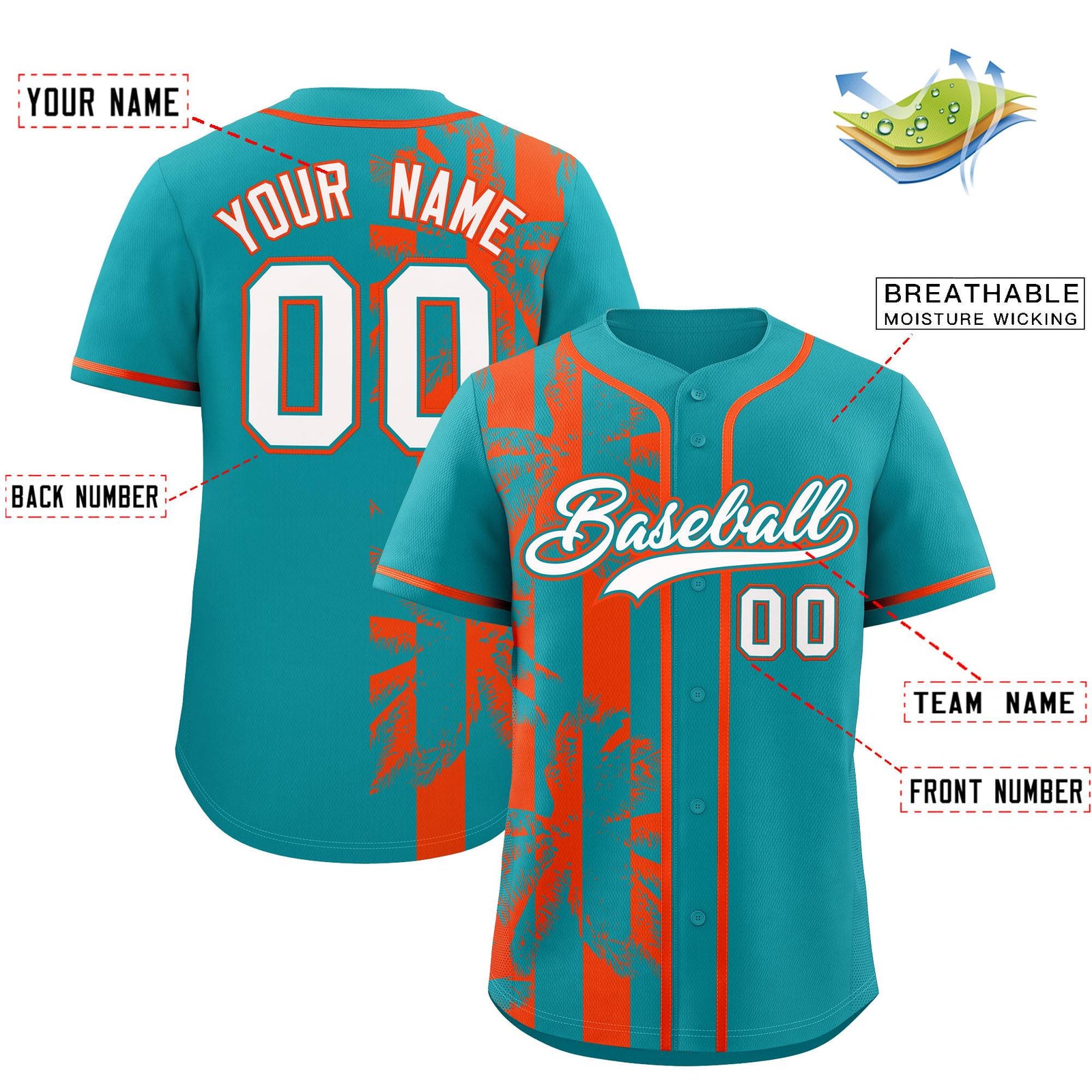 Custom Aqua Orange Split Fashion Coconut Tree Design Authentic Baseball Jersey