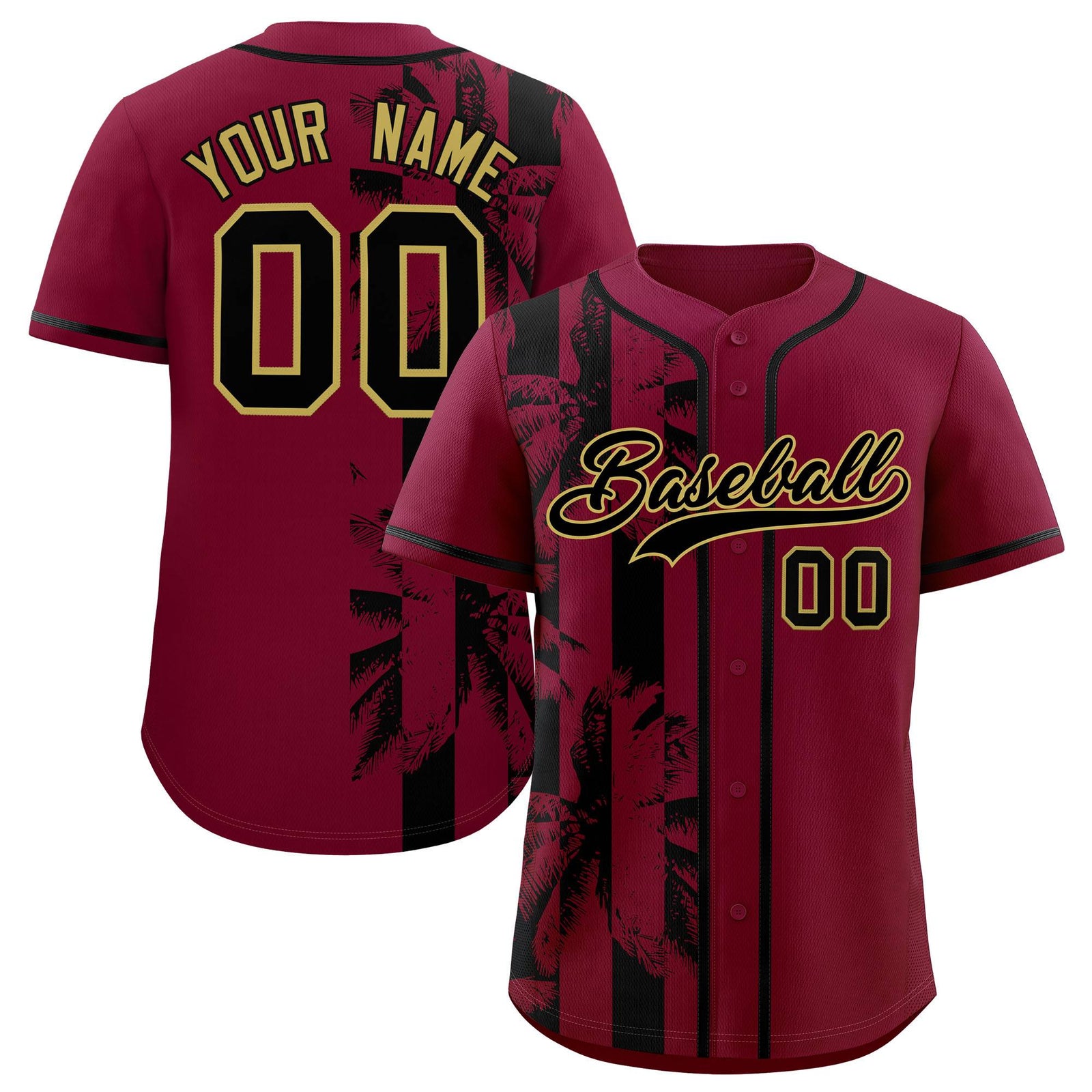 Custom Crimson Black Split Fashion Coconut Tree Design Authentic Baseball Jersey