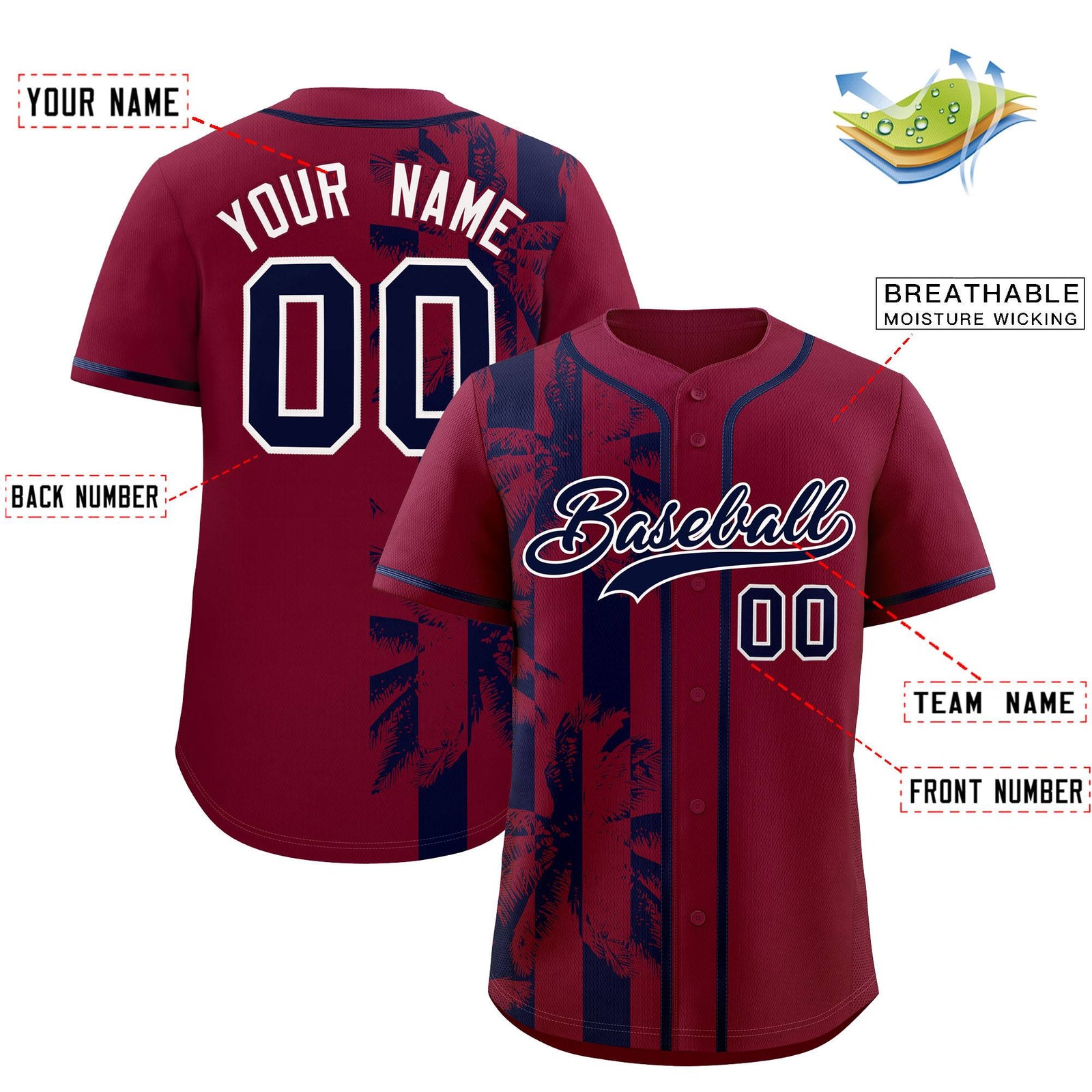 Custom Crimson Navy Split Fashion Coconut Tree Design Authentic Baseball Jersey