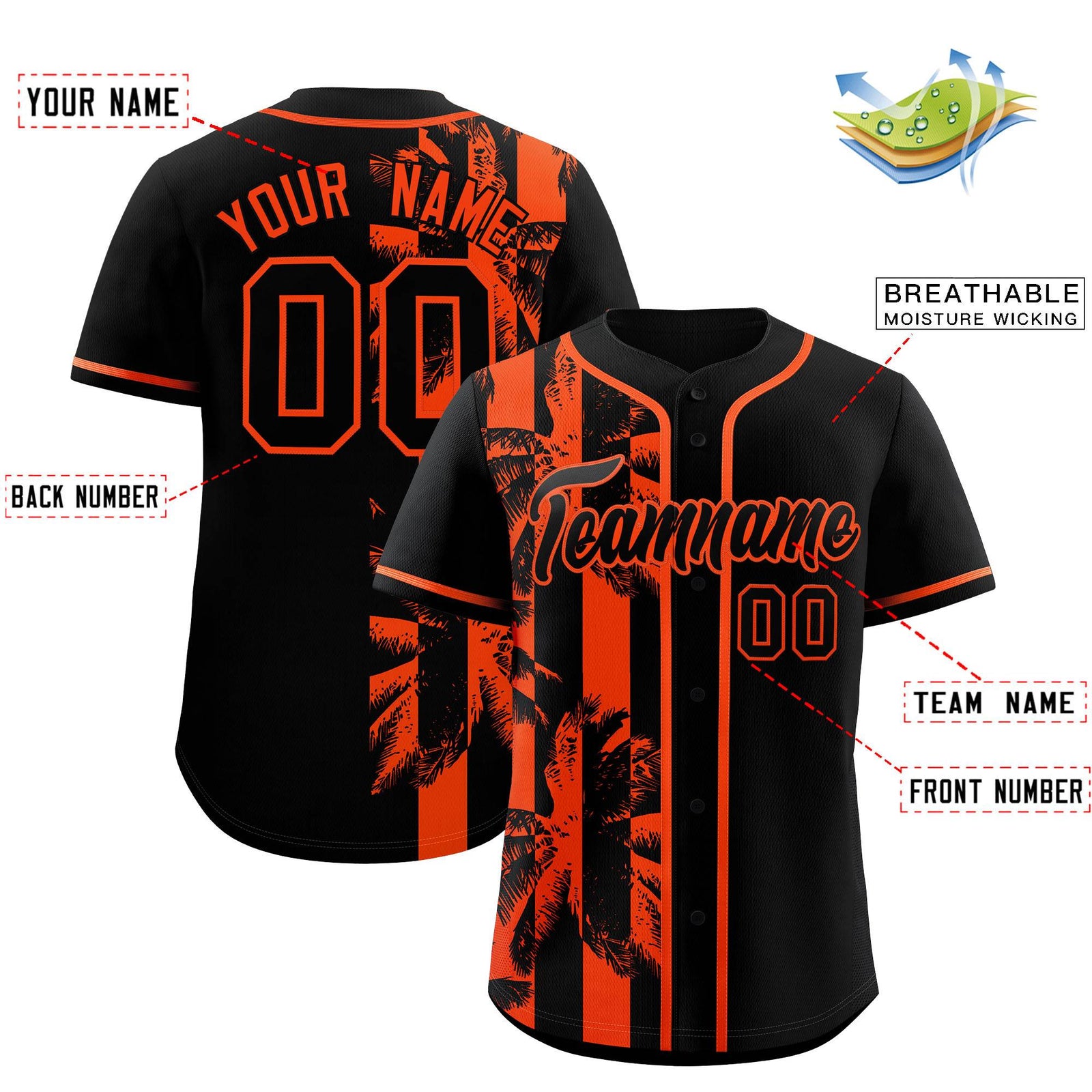 Custom Black Orange Split Fashion Coconut Tree Design Authentic Baseball Jersey