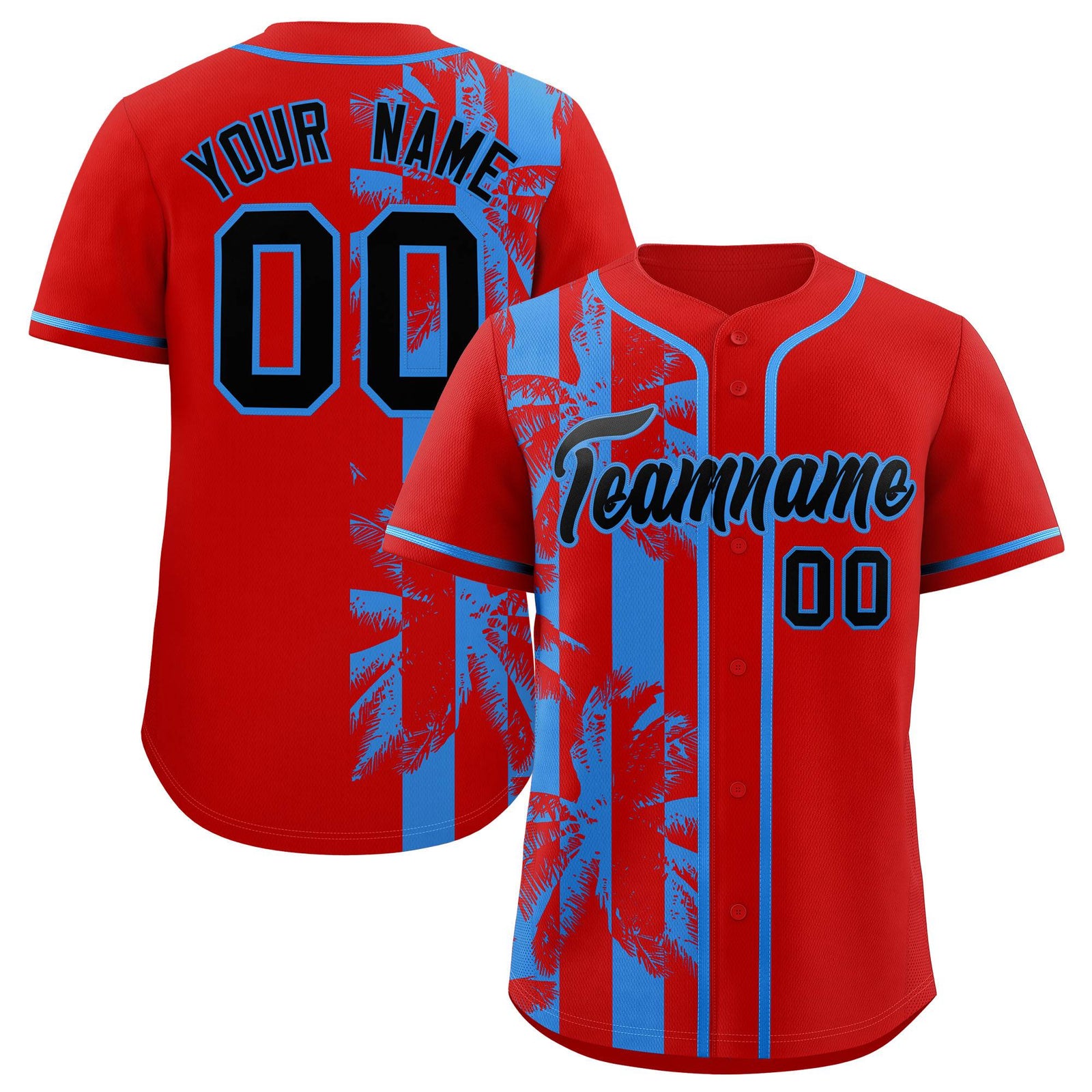 Custom Red Powder Blue Split Fashion Coconut Tree Design Authentic Baseball Jersey