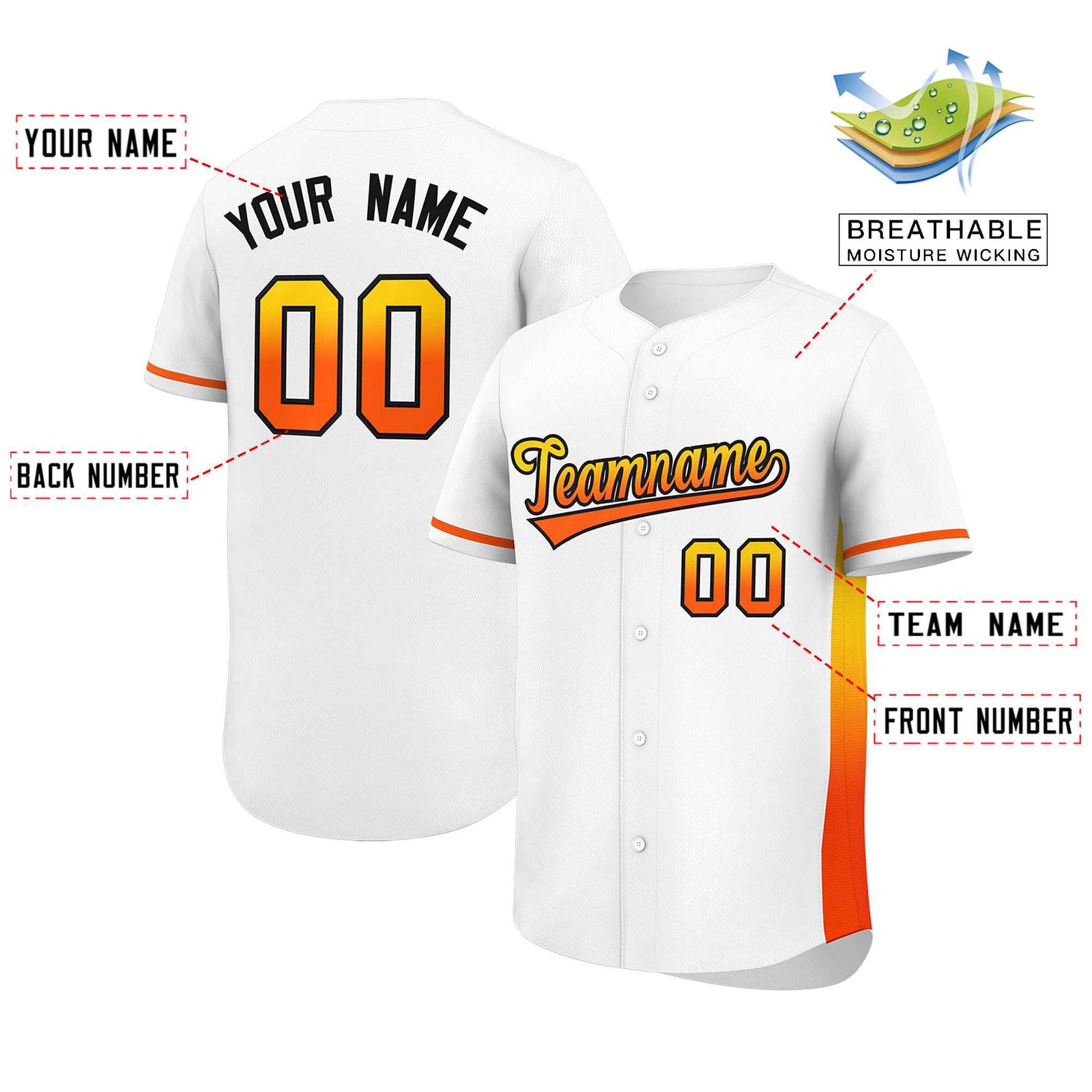 Custom White Gold-Orange Personalized Gradient Font And Side Design Authentic Baseball Jersey