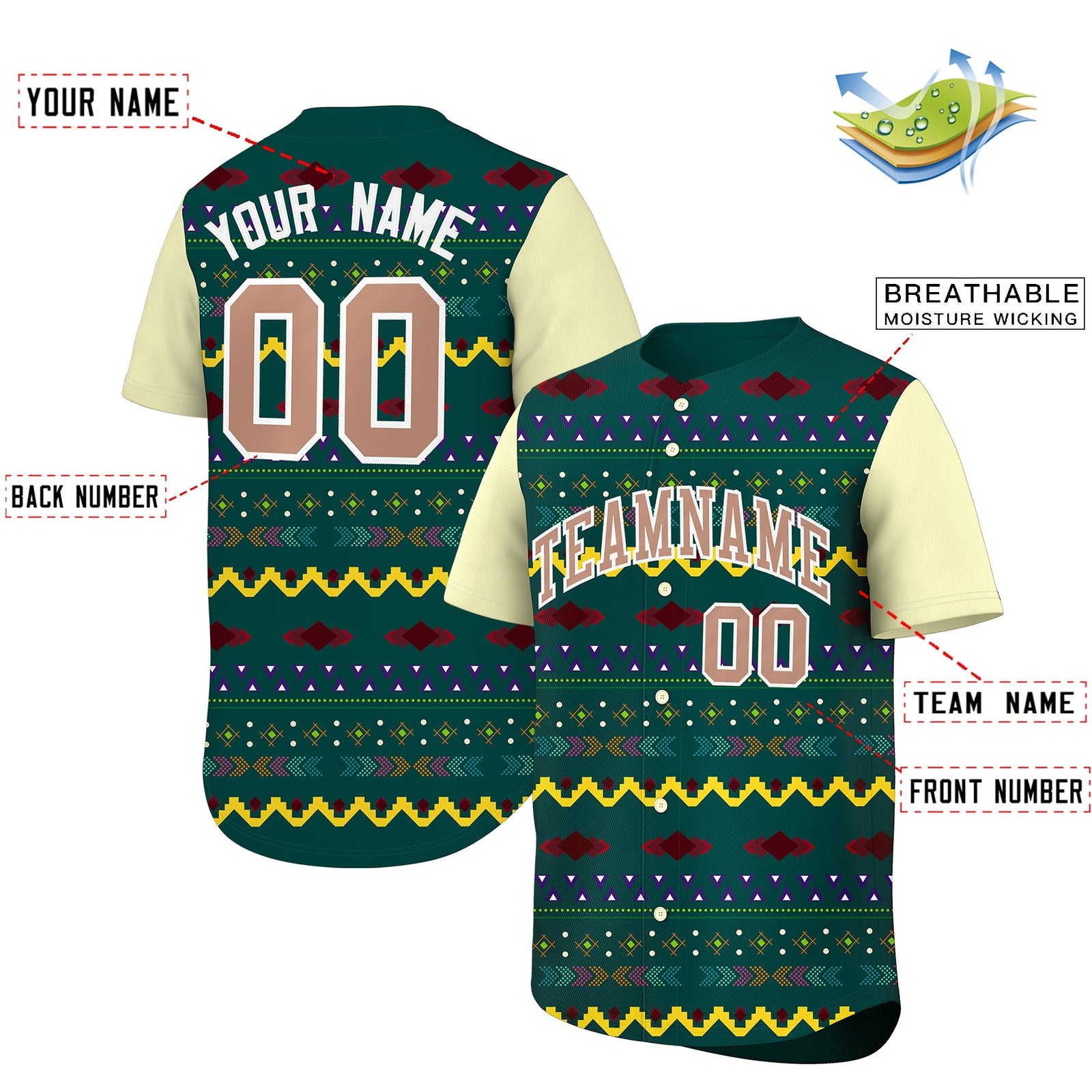 Custom Midnight Green Cream White Mexican style Breathable Baseball Jersey| KXKSHOP