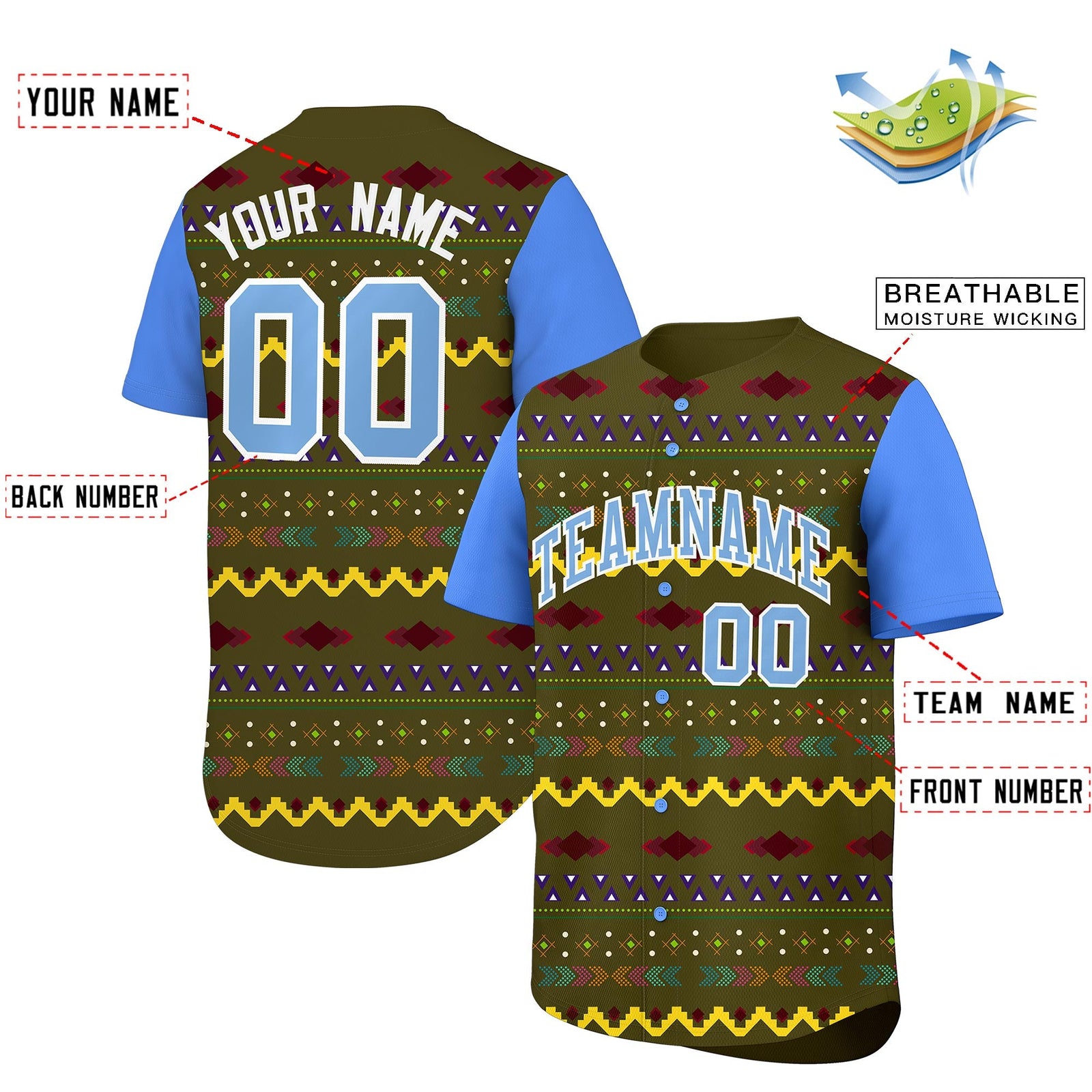 Custom Olive Powder Blue White Mexican style Lightweight Baseball Jersey| KXKSHOP