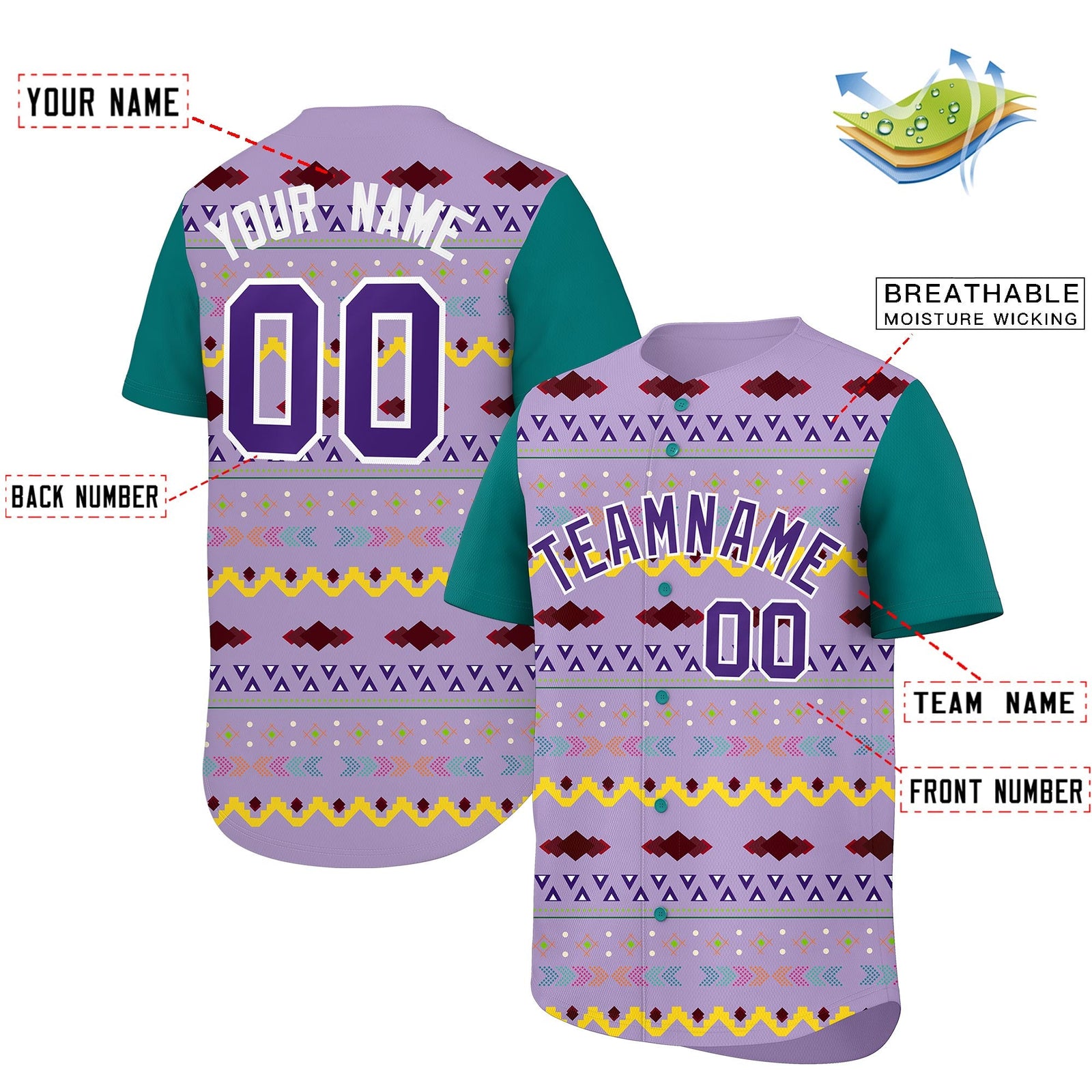 Custom Light Purple Teal White Mexican style Stretch Fabric Baseball Jersey| KXKSHOP