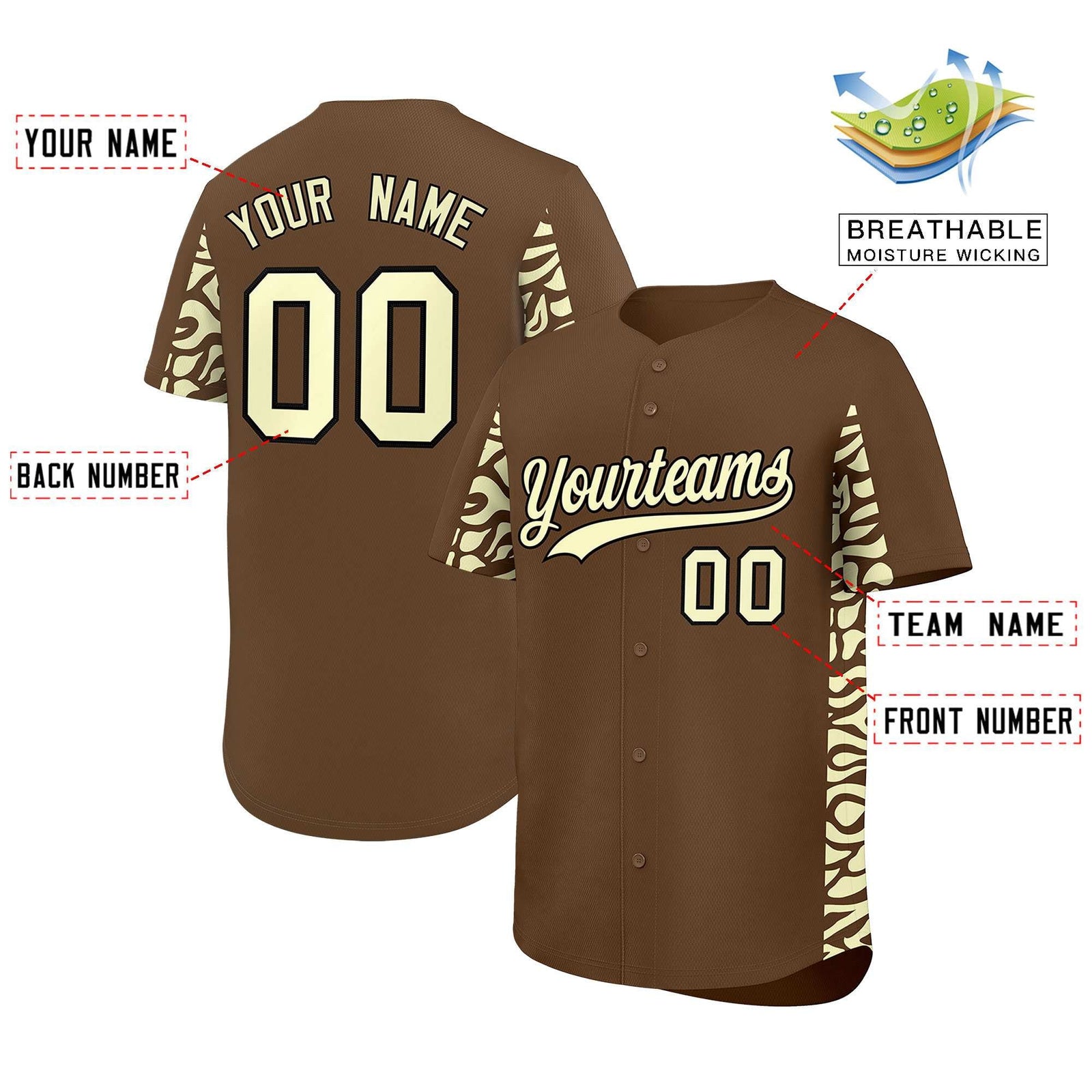 Custom Light Brown Cream Personalized Leopard Graffiti Pattern Side Design Authentic Baseball Jersey