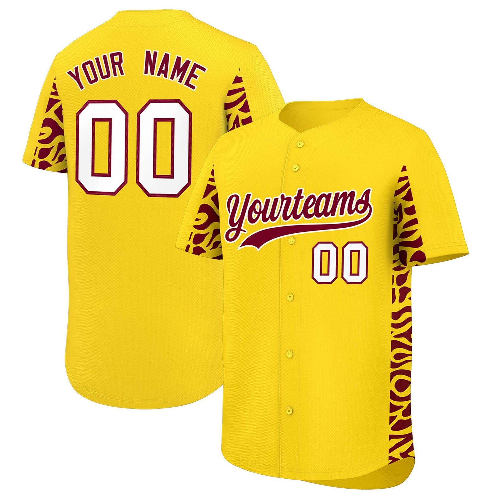 Custom Gold Crimson Personalized Leopard Graffiti Pattern Side Design Authentic Baseball Jersey