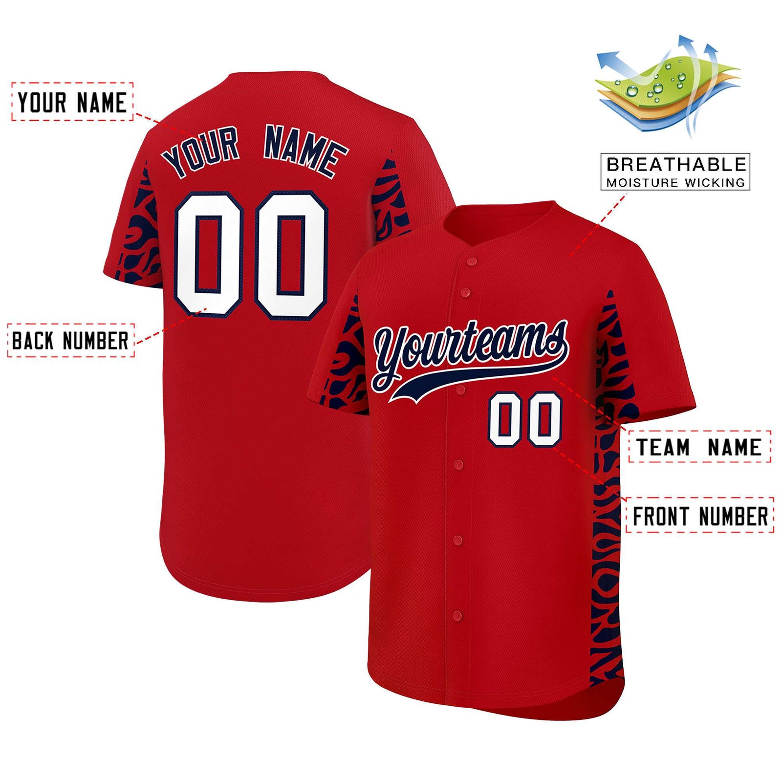 Custom Red Navy Personalized Leopard Graffiti Pattern Side Design Authentic Baseball Jersey