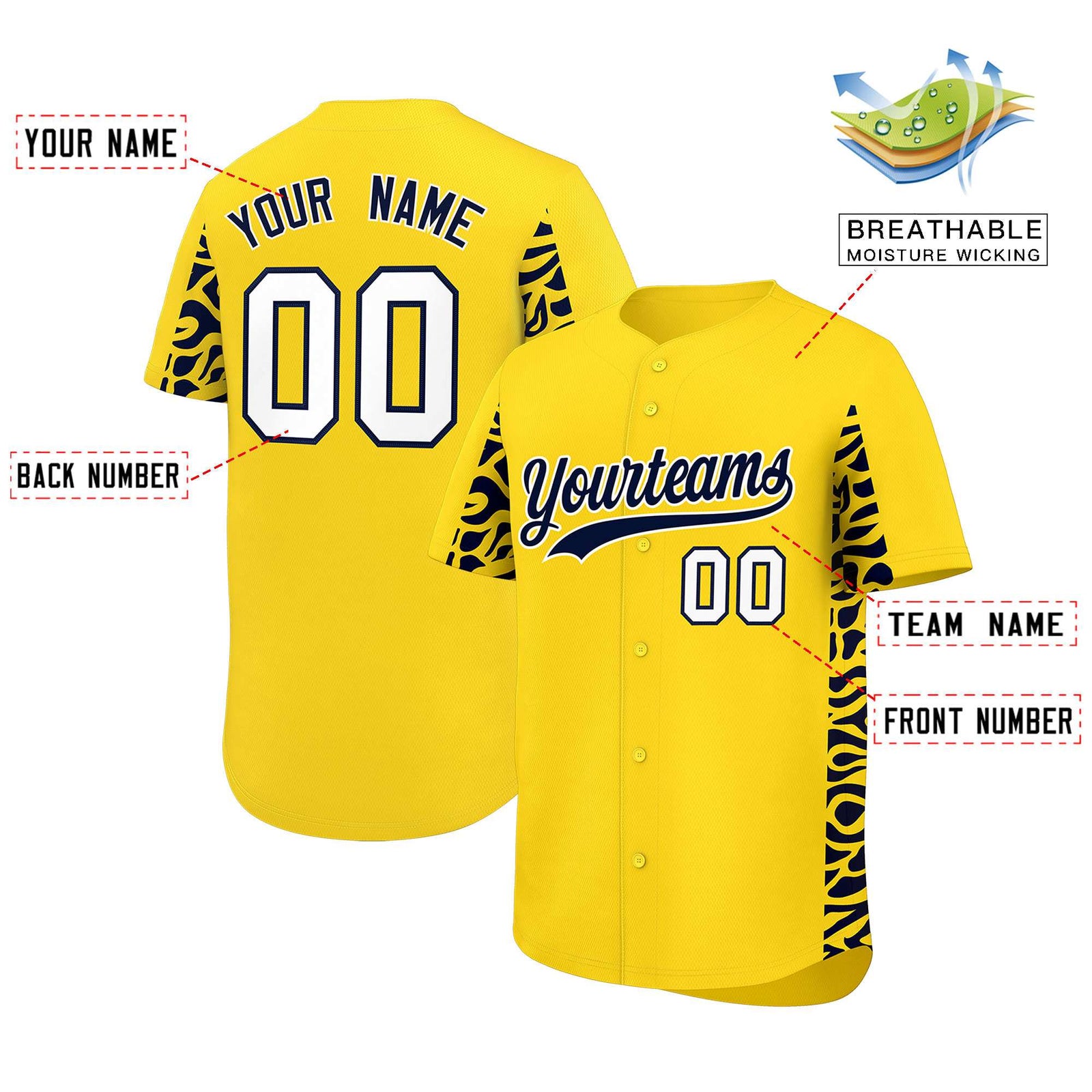 Custom Gold Navy Personalized Leopard Graffiti Pattern Side Design Authentic Baseball Jersey