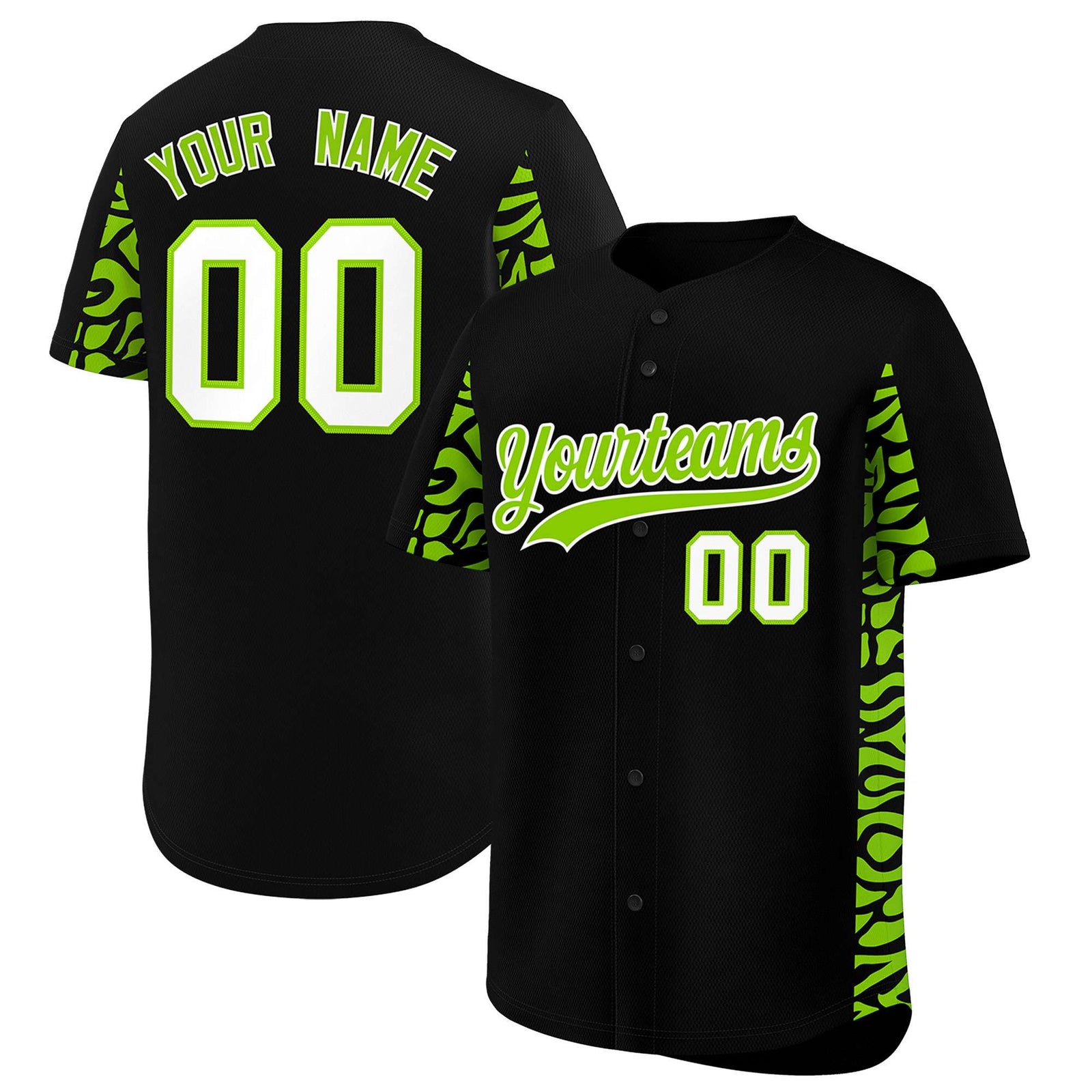 Custom Black Neon Green Personalized Leopard Graffiti Pattern Side Design Authentic Baseball Jersey