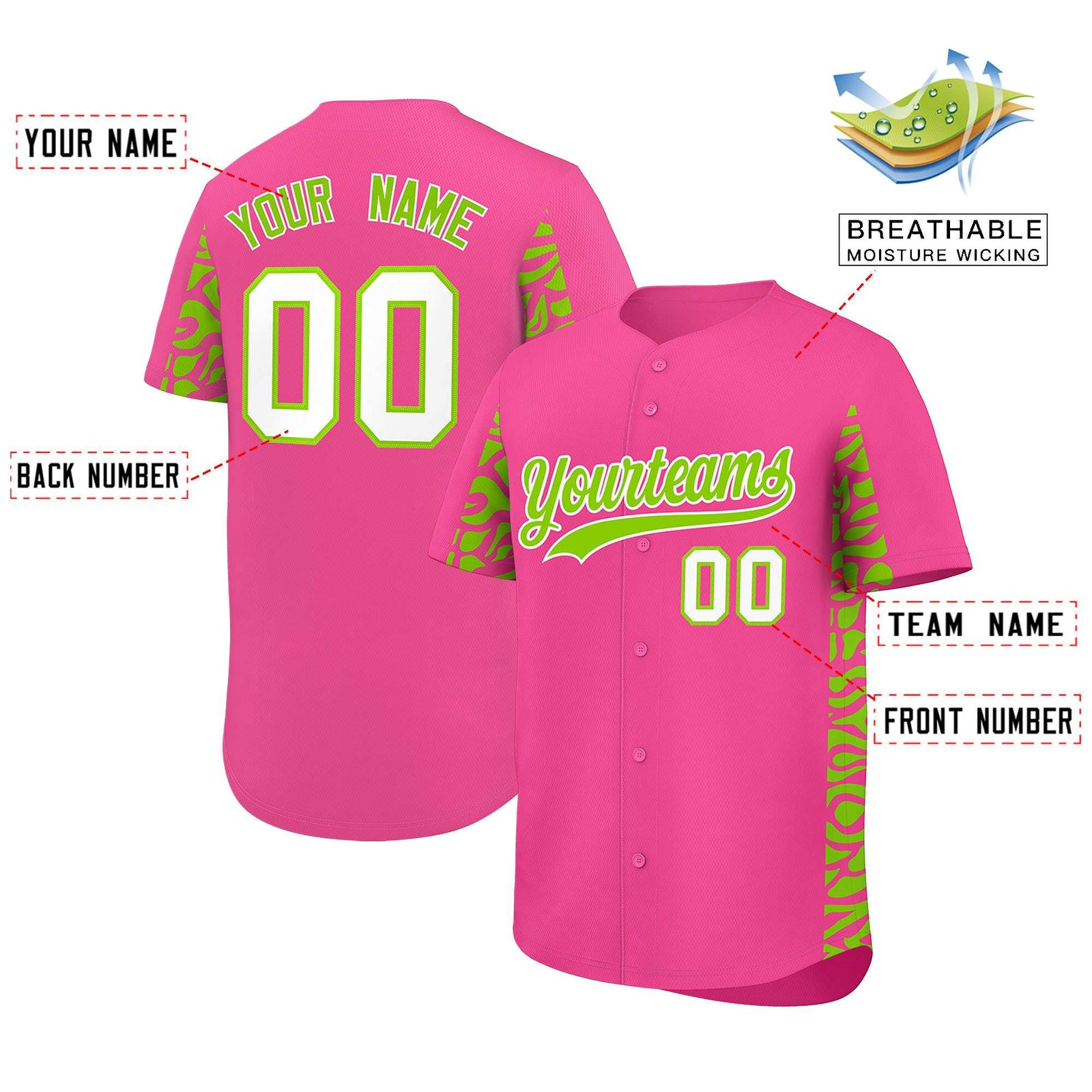 Custom Pink Neon Green Personalized Leopard Graffiti Pattern Side Design Authentic Baseball Jersey