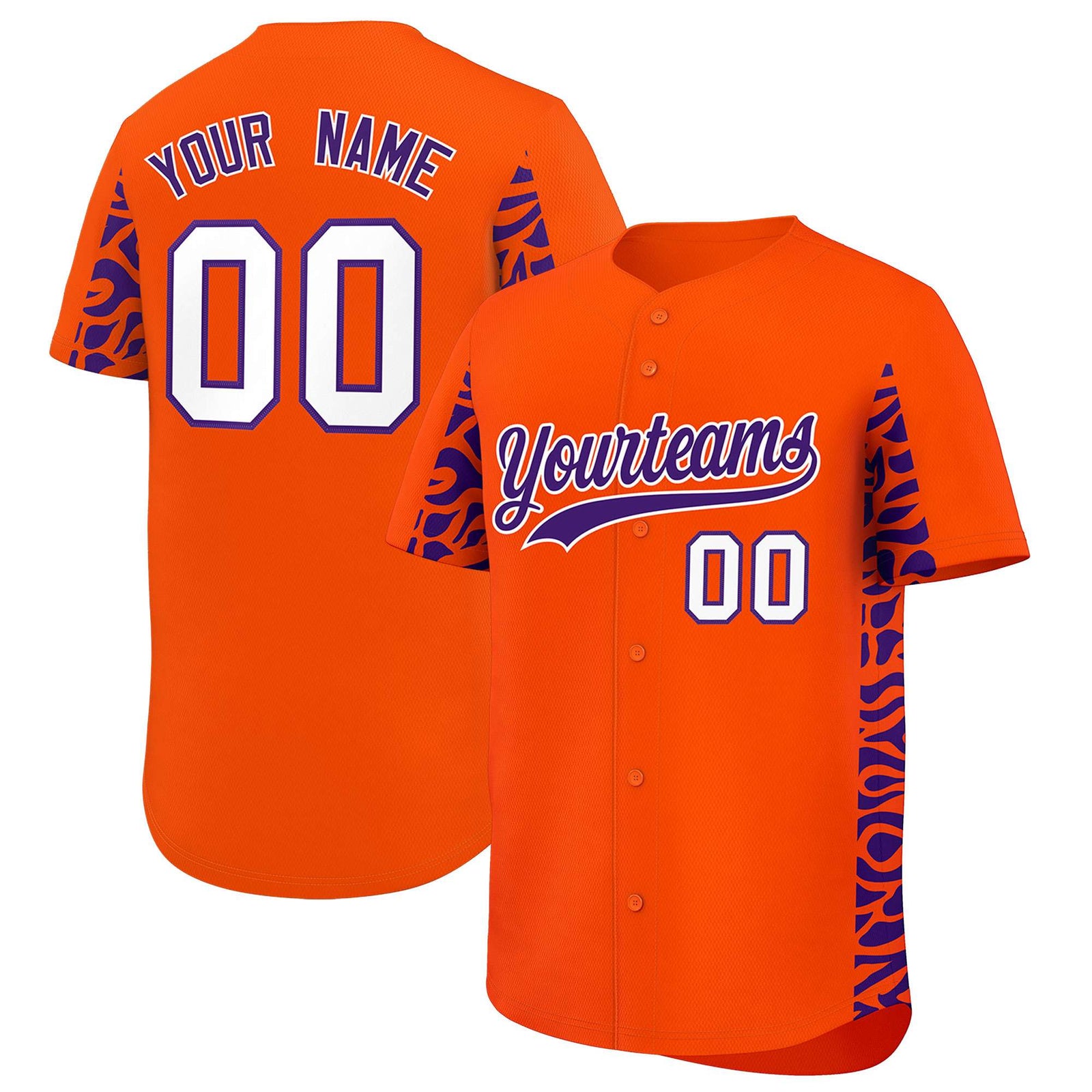 Custom Orange Purple Personalized Leopard Graffiti Pattern Side Design Authentic Baseball Jersey