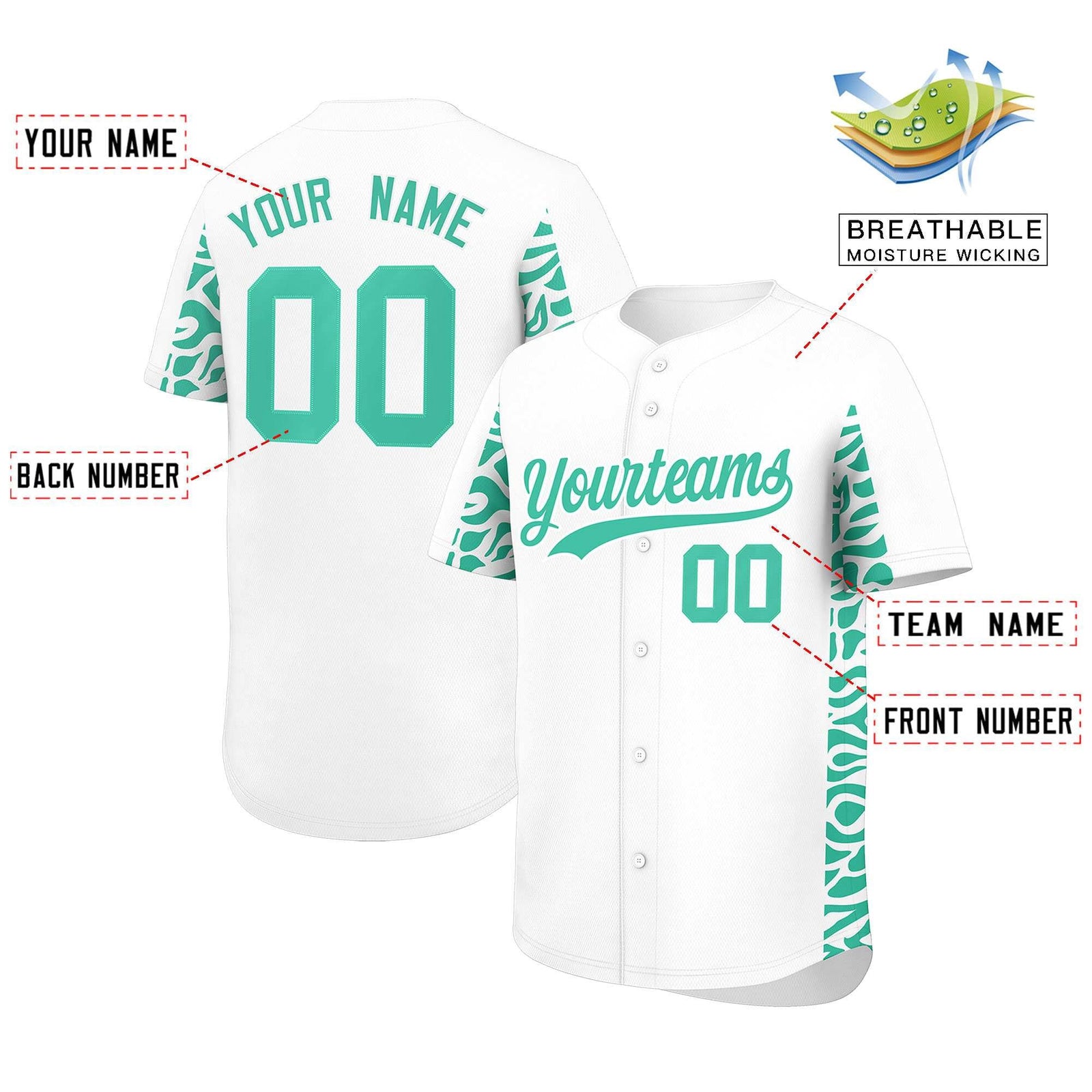 Custom White Bright Green Personalized Leopard Graffiti Pattern Side Design Authentic Baseball Jersey