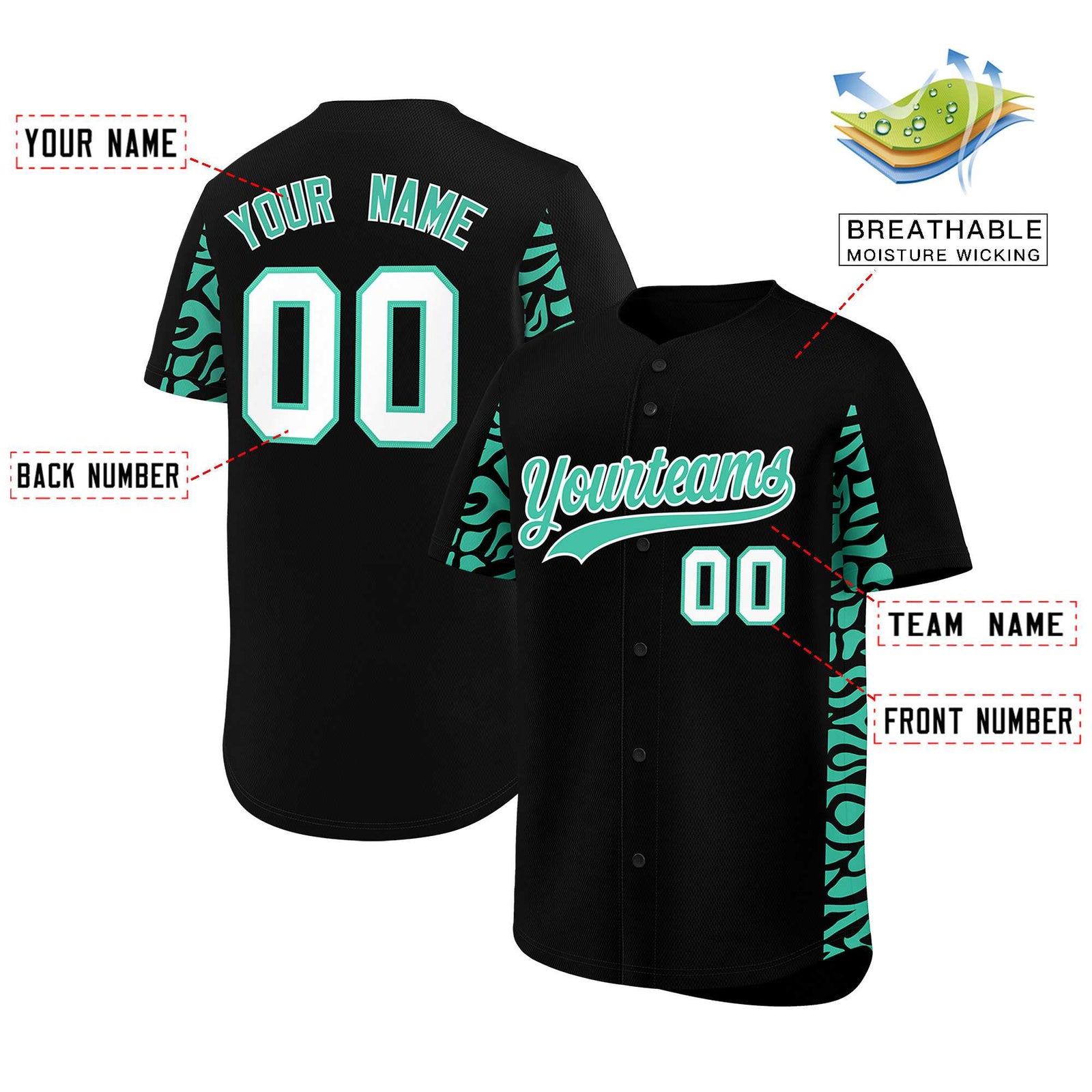 Custom Black Bright Green Personalized Leopard Graffiti Pattern Side Design Authentic Baseball Jersey