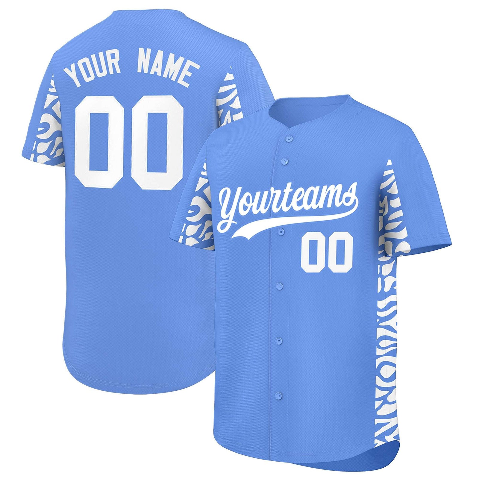 Custom Powder Blue White Personalized Leopard Graffiti Pattern Side Design Authentic Baseball Jersey