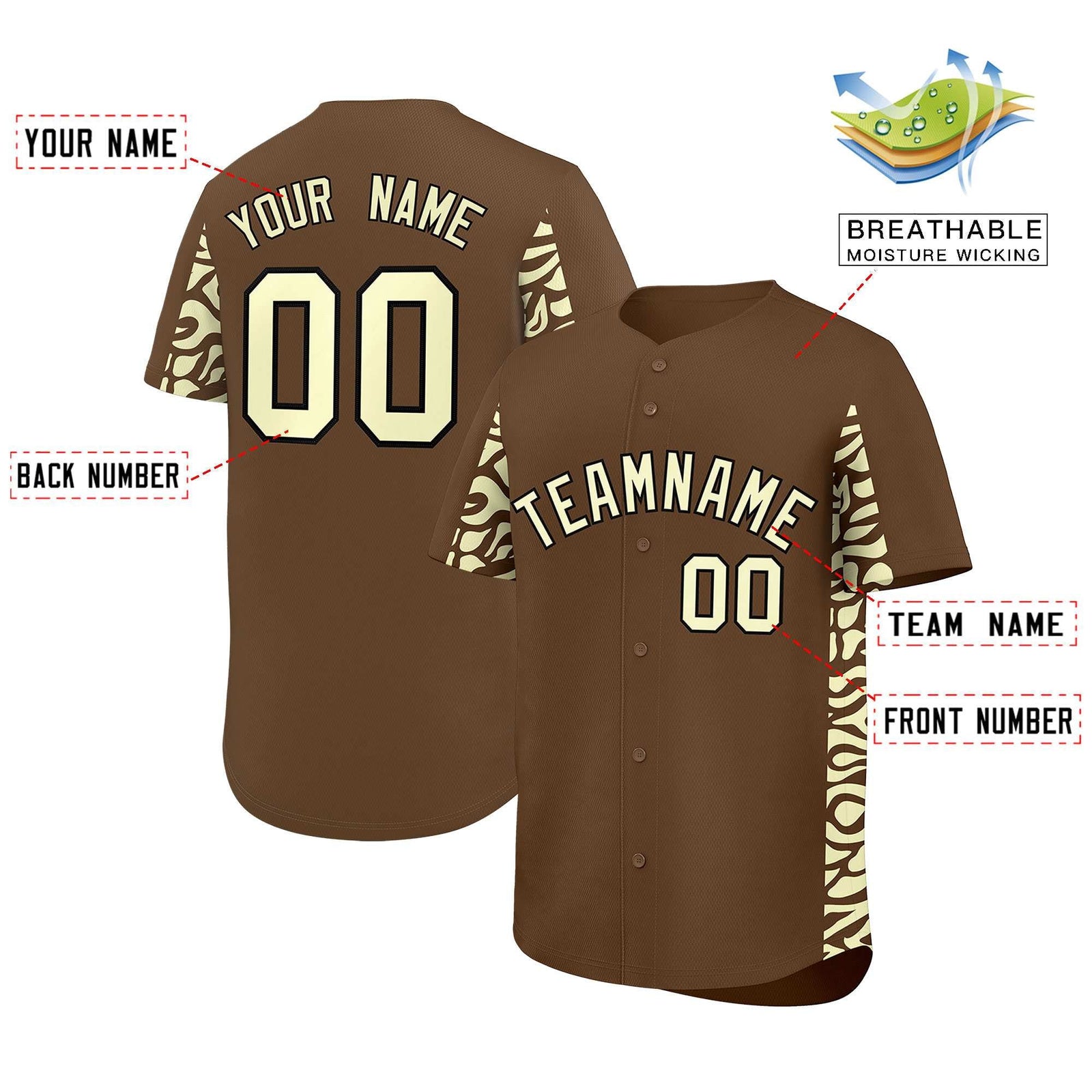 Custom Light Brown Cream Personalized Leopard Graffiti Pattern Side Design Authentic Baseball Jersey