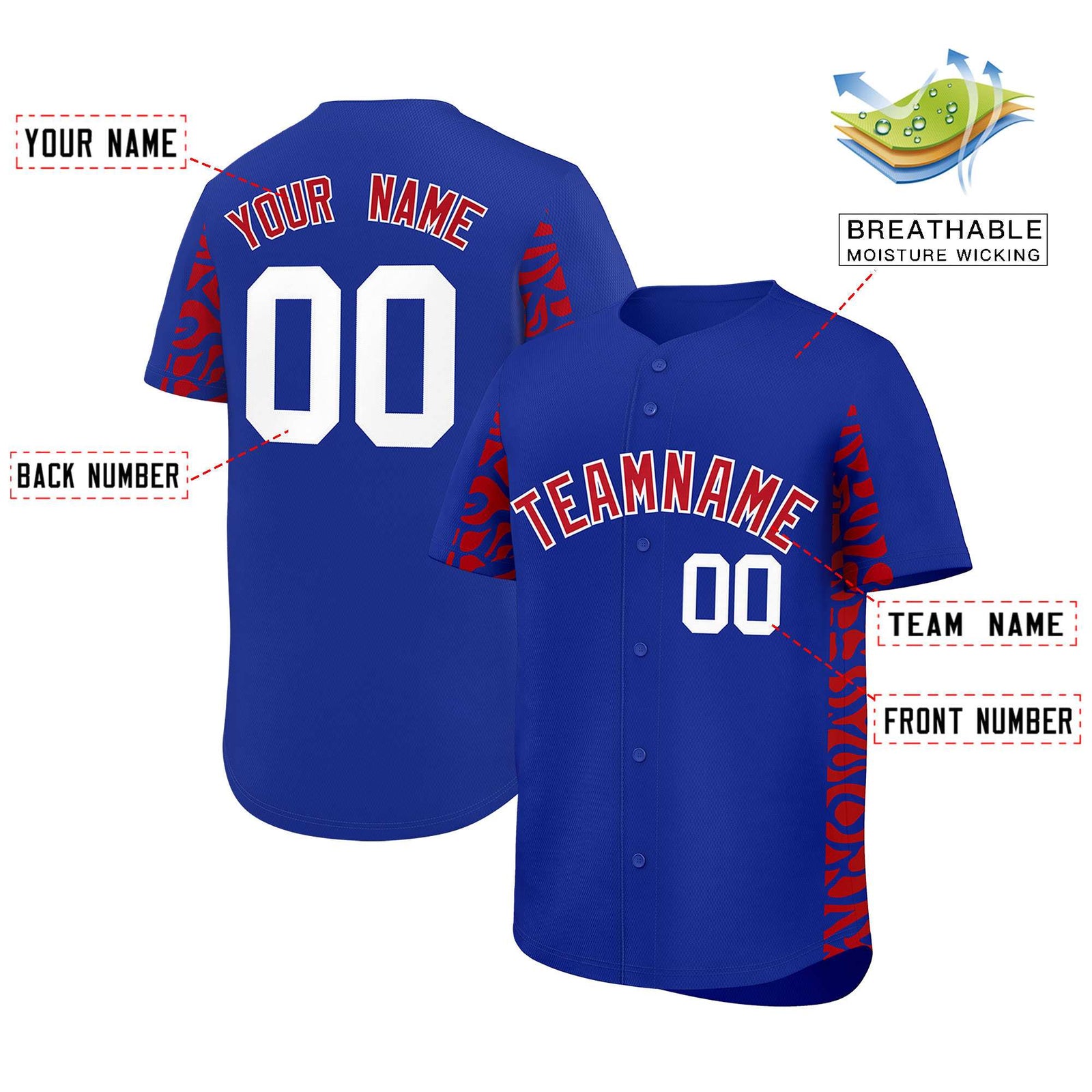Custom Royal Red Personalized Leopard Graffiti Pattern Side Design Authentic Baseball Jersey