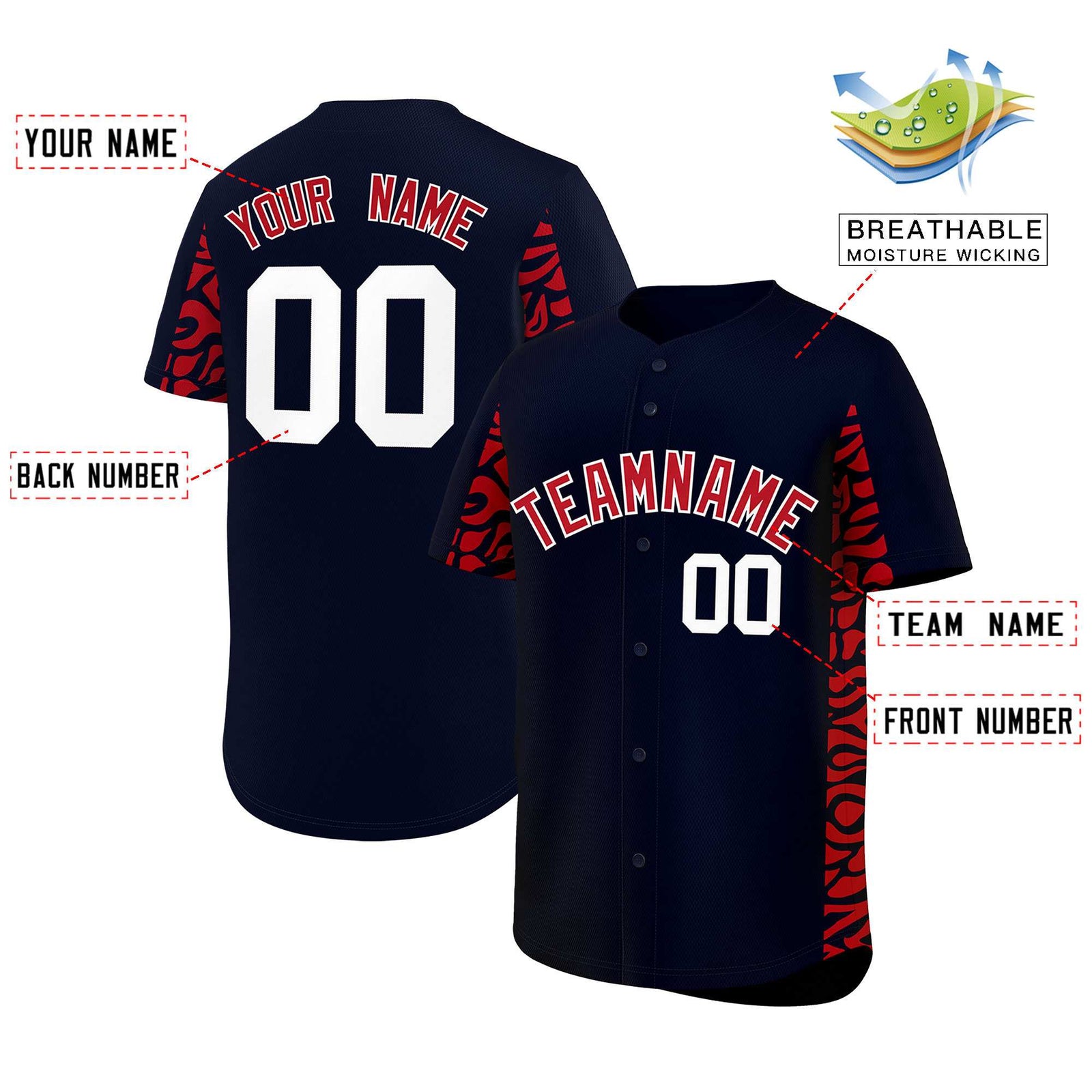 Custom Navy Red Personalized Leopard Graffiti Pattern Side Design Authentic Baseball Jersey