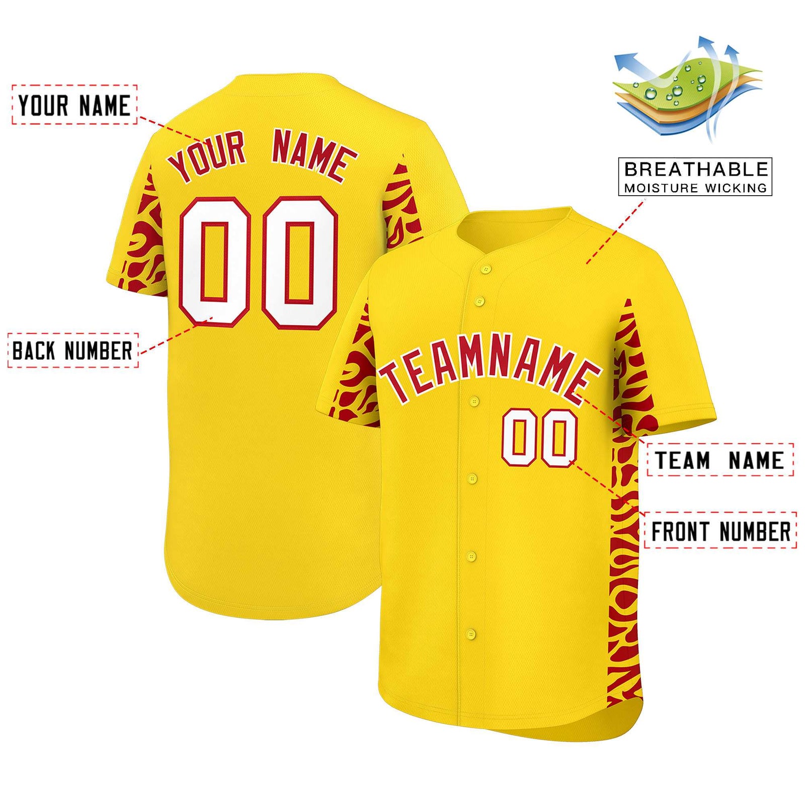 Custom Gold Red Personalized Leopard Graffiti Pattern Side Design Authentic Baseball Jersey