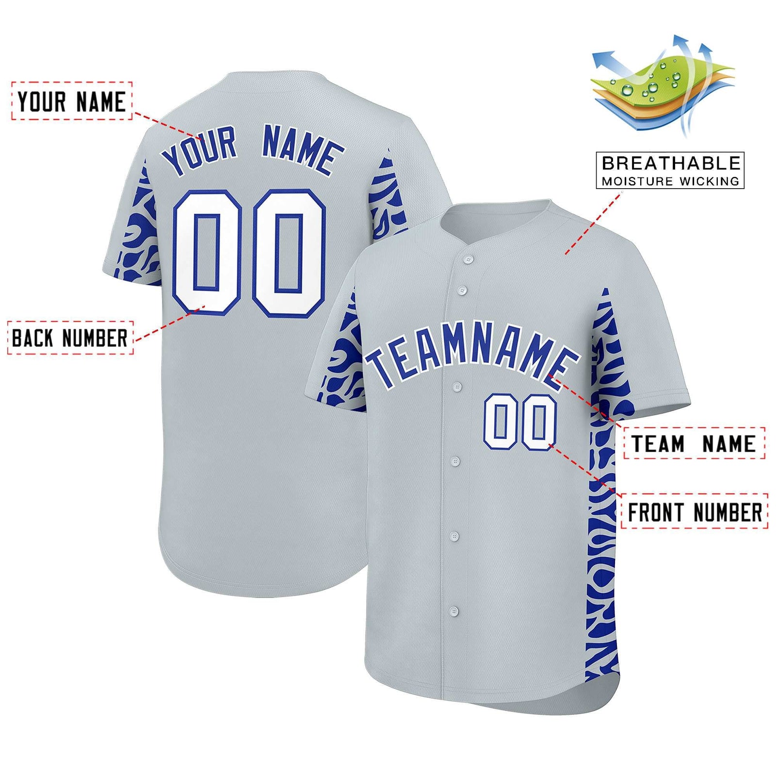 Custom Silver Royal Personalized Leopard Graffiti Pattern Side Design Authentic Baseball Jersey