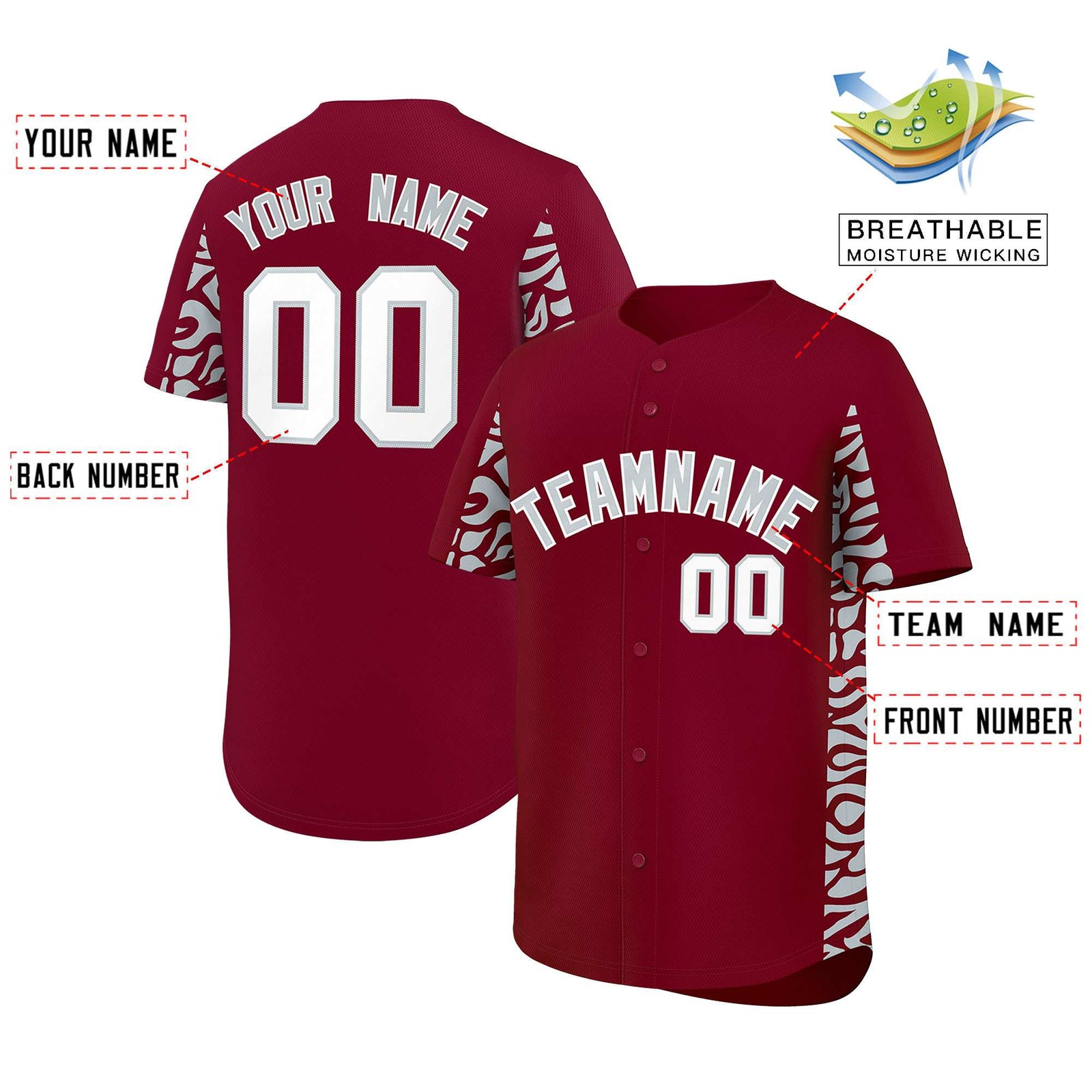 Custom Crimson Silver Personalized Leopard Graffiti Pattern Side Design Authentic Baseball Jersey