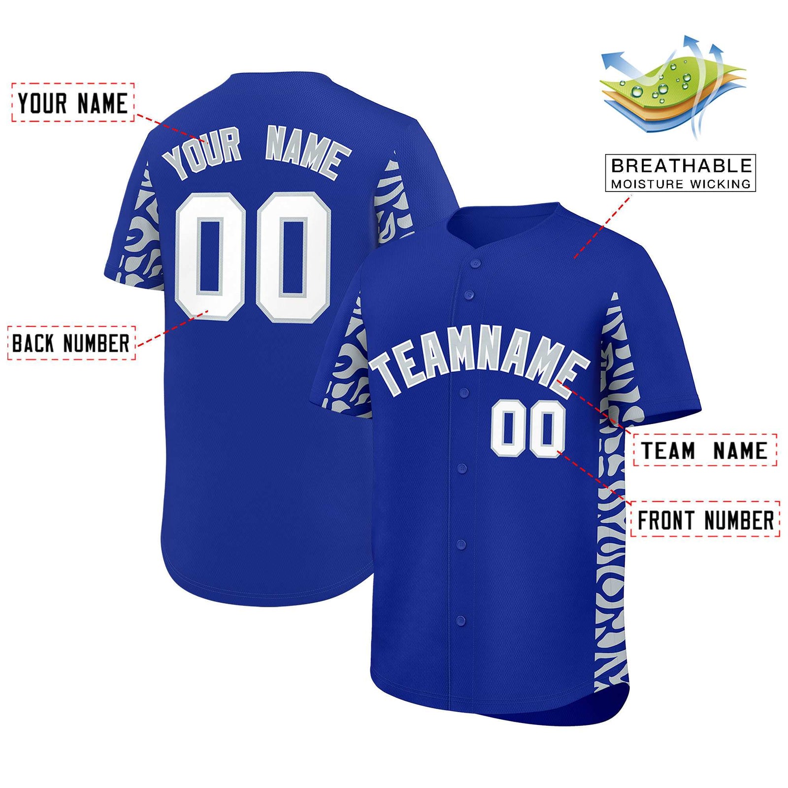Custom Royal Silver Personalized Leopard Graffiti Pattern Side Design Authentic Baseball Jersey