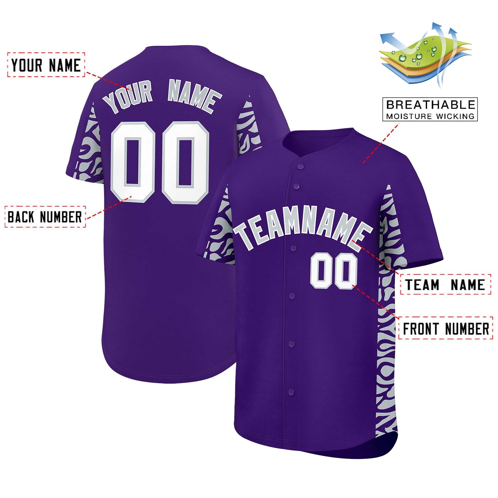 Custom Purple Silver Personalized Leopard Graffiti Pattern Side Design Authentic Baseball Jersey