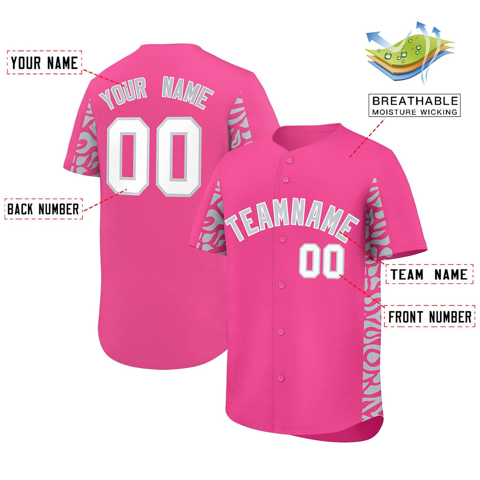 Custom Pink Silver Personalized Leopard Graffiti Pattern Side Design Authentic Baseball Jersey