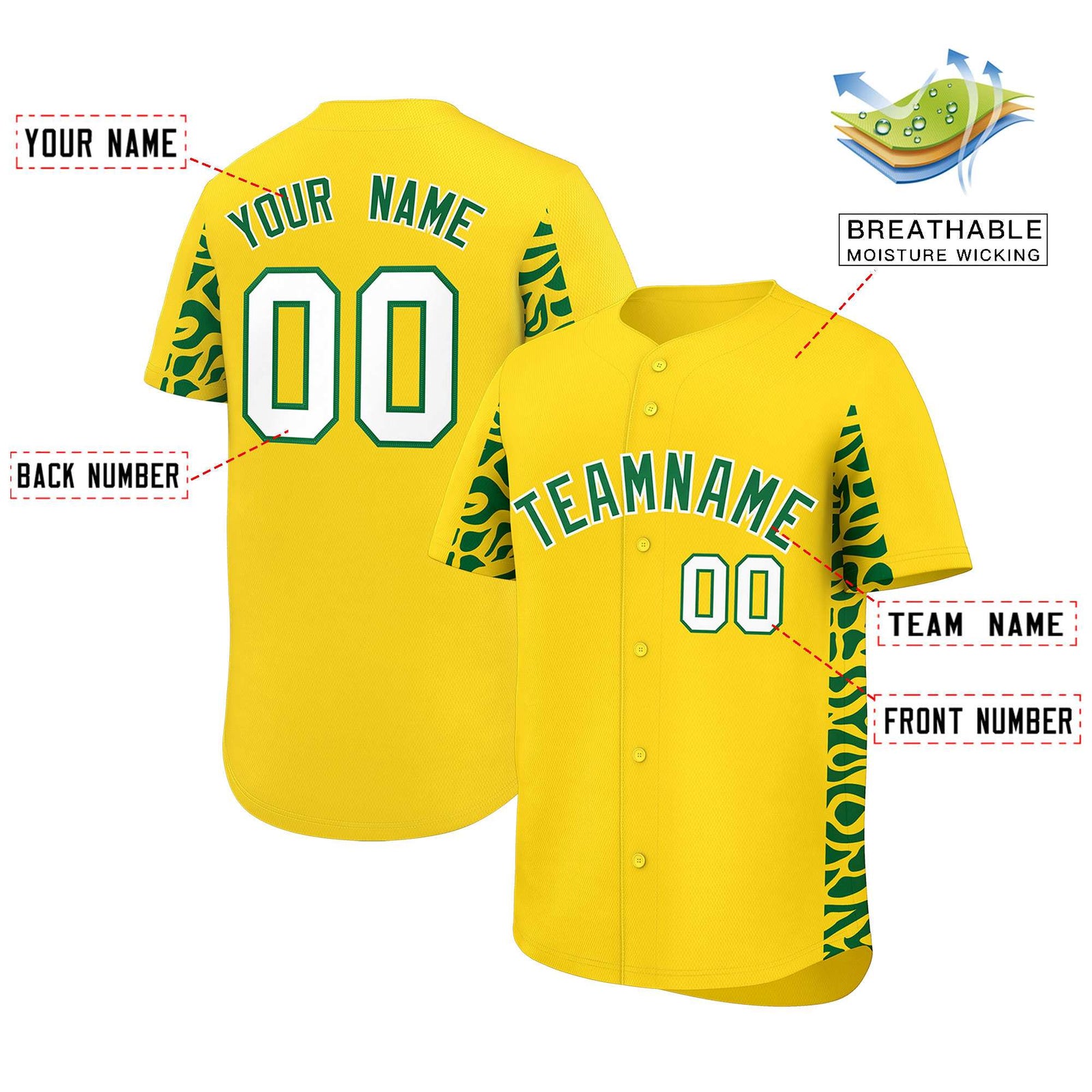Custom Gold Kelly Green Personalized Leopard Graffiti Pattern Side Design Authentic Baseball Jersey