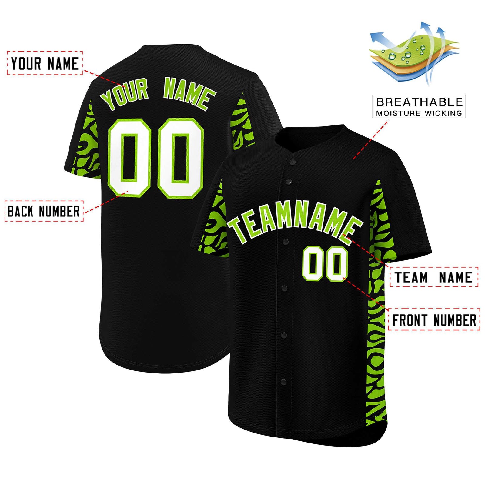 Custom Black Neon Green Personalized Leopard Graffiti Pattern Side Design Authentic Baseball Jersey