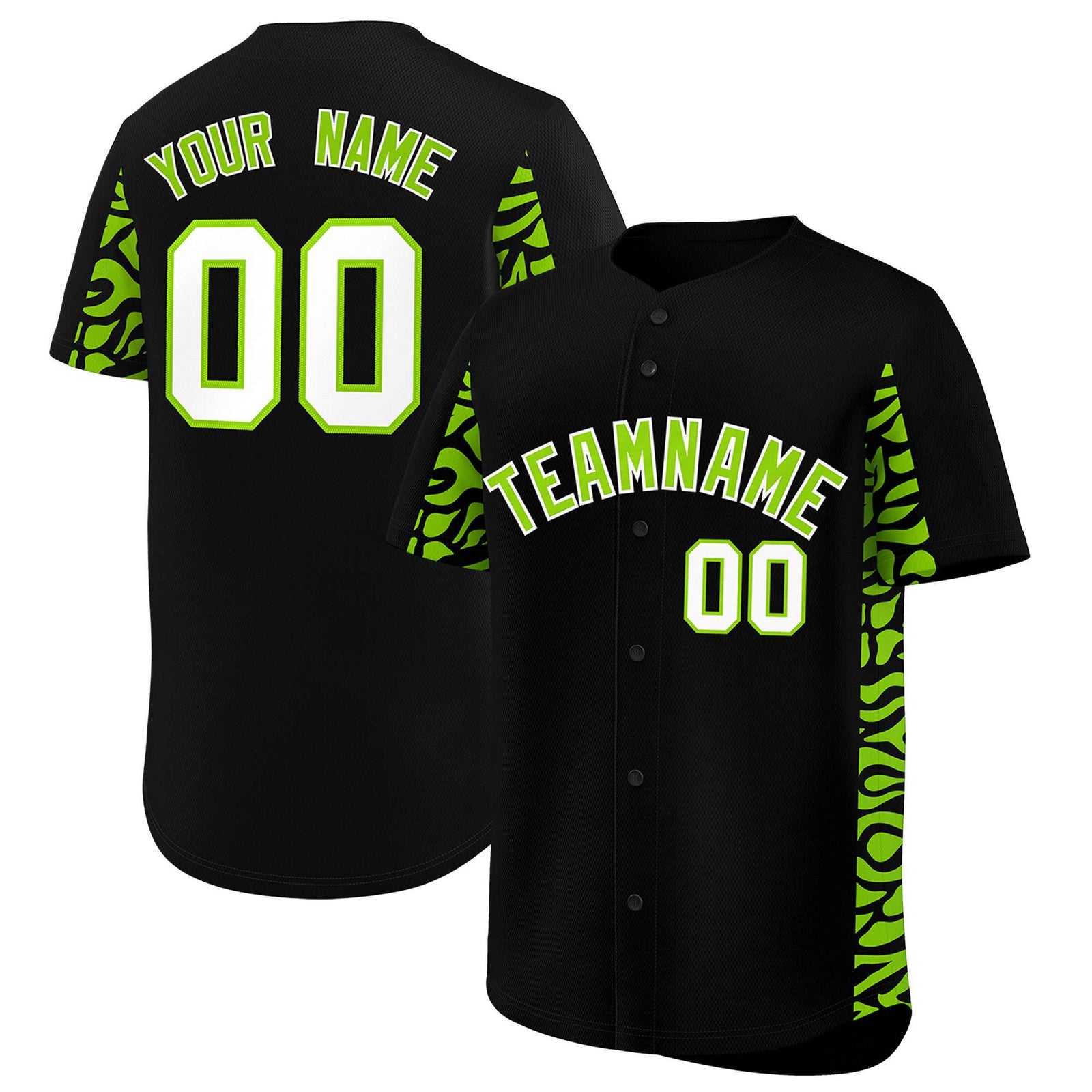 Custom Black Neon Green Personalized Leopard Graffiti Pattern Side Design Authentic Baseball Jersey