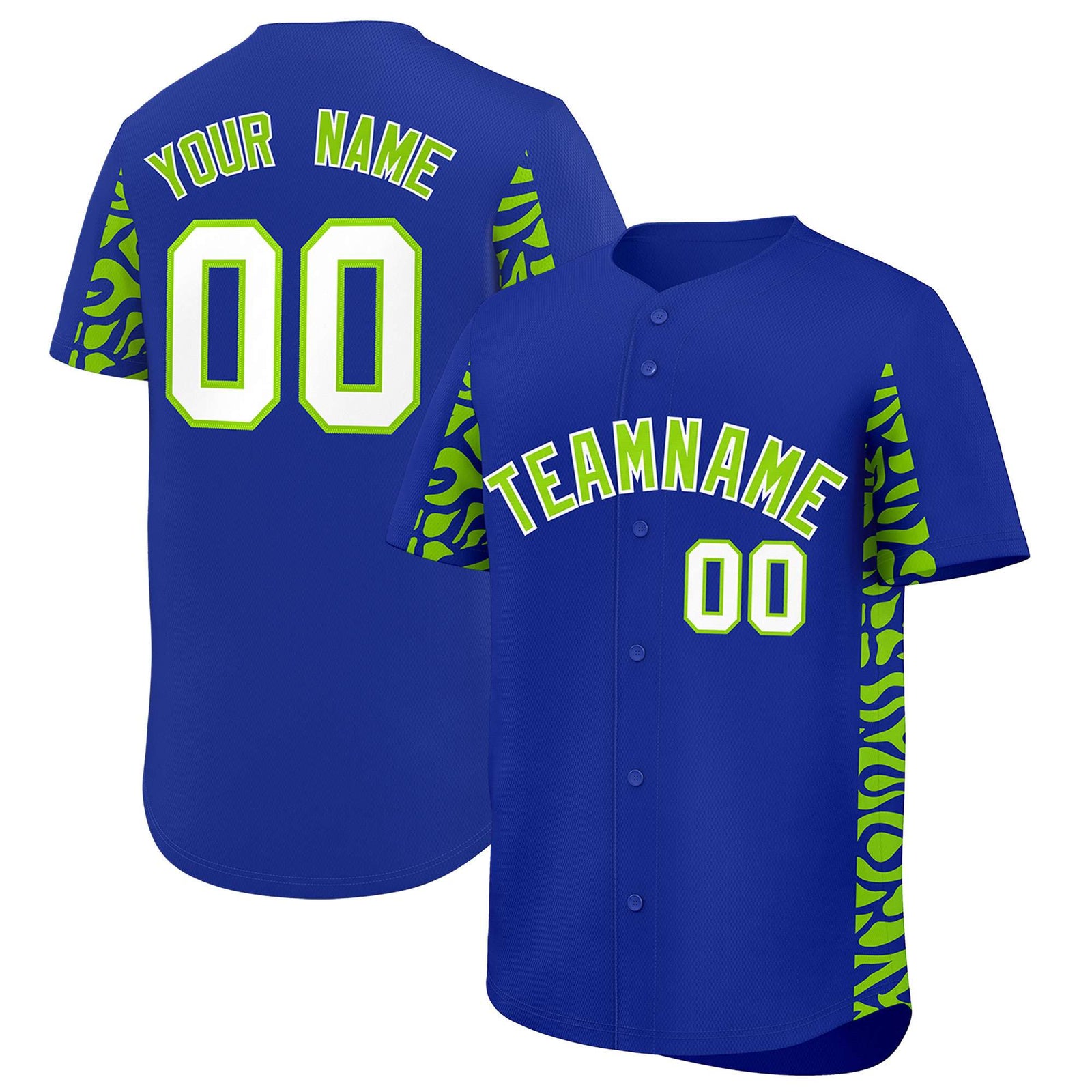 Custom Royal Neon Green Personalized Leopard Graffiti Pattern Side Design Authentic Baseball Jersey