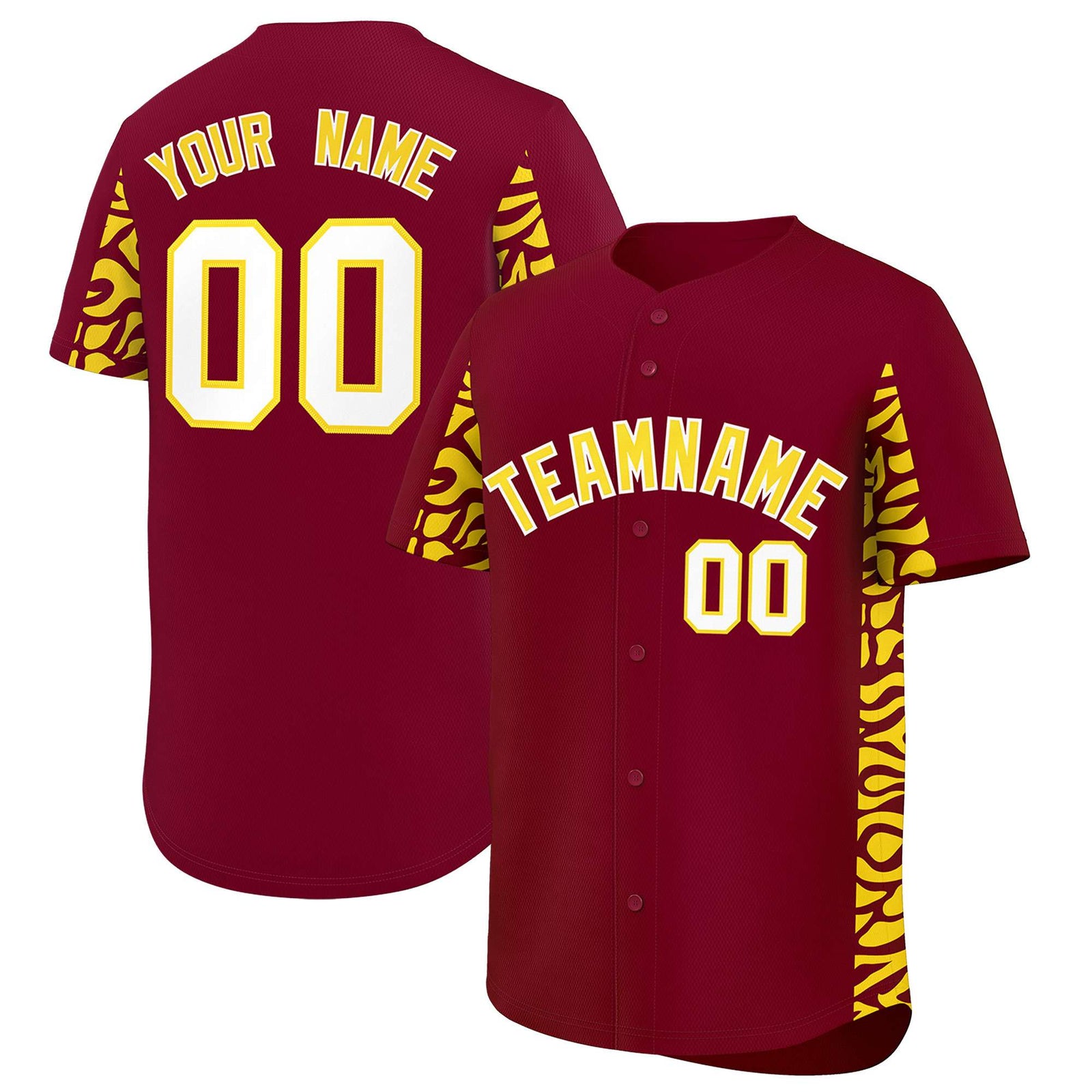 Custom Crimson Gold Personalized Leopard Graffiti Pattern Side Design Authentic Baseball Jersey