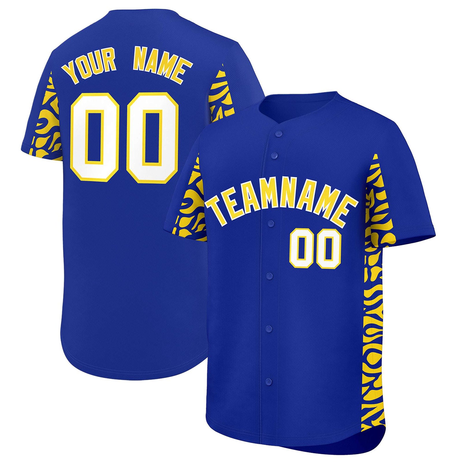 Custom Royal Gold Personalized Leopard Graffiti Pattern Side Design Authentic Baseball Jersey