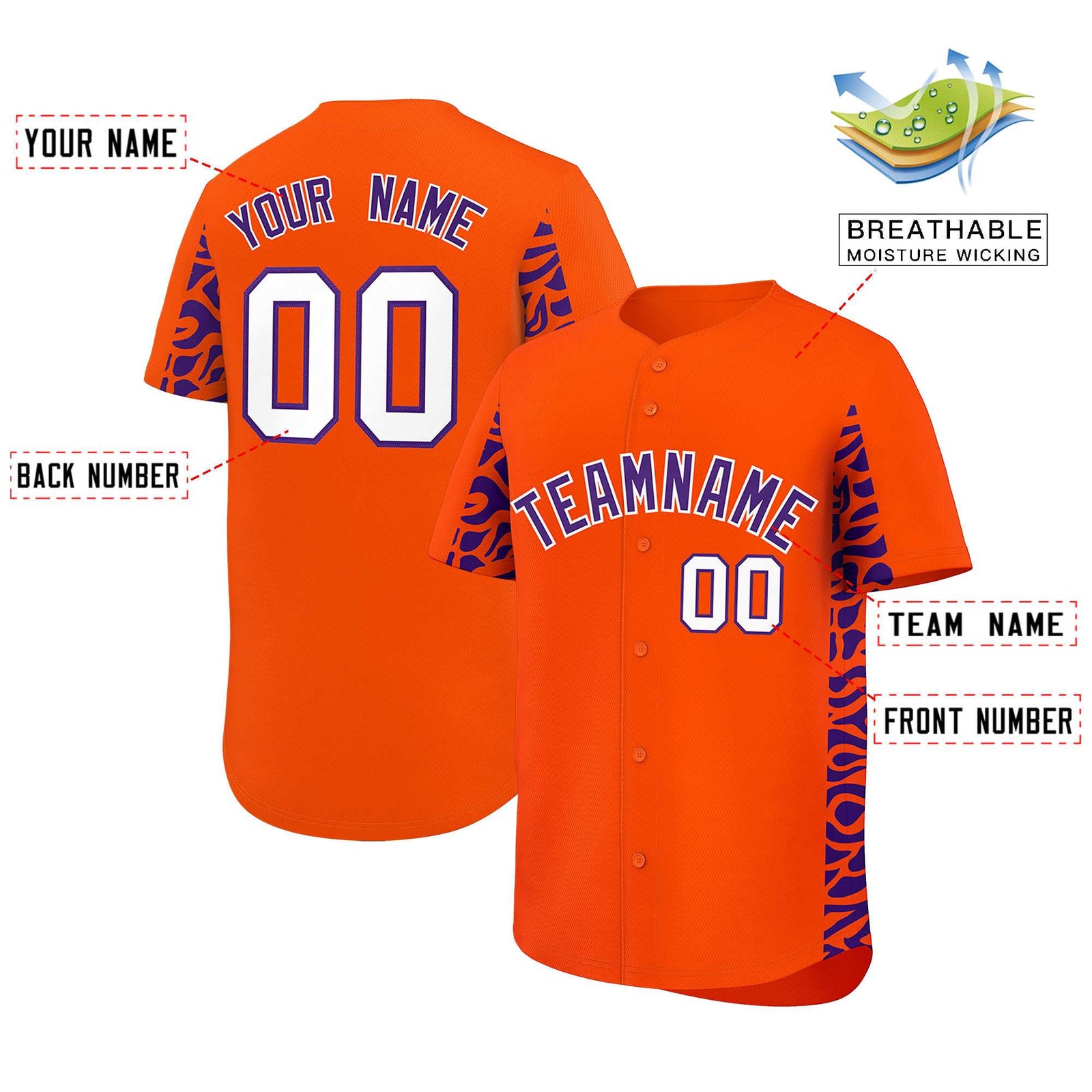 Custom Orange Purple Personalized Leopard Graffiti Pattern Side Design Authentic Baseball Jersey