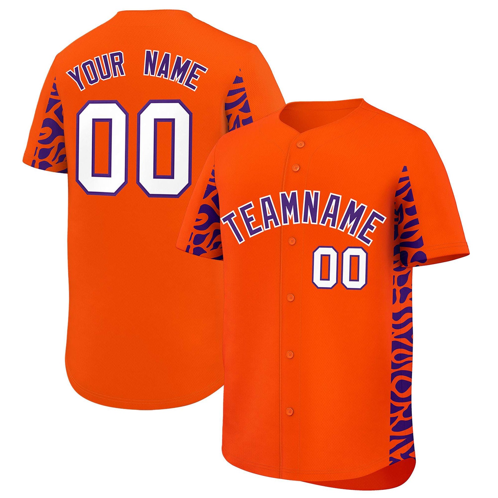 Custom Orange Purple Personalized Leopard Graffiti Pattern Side Design Authentic Baseball Jersey