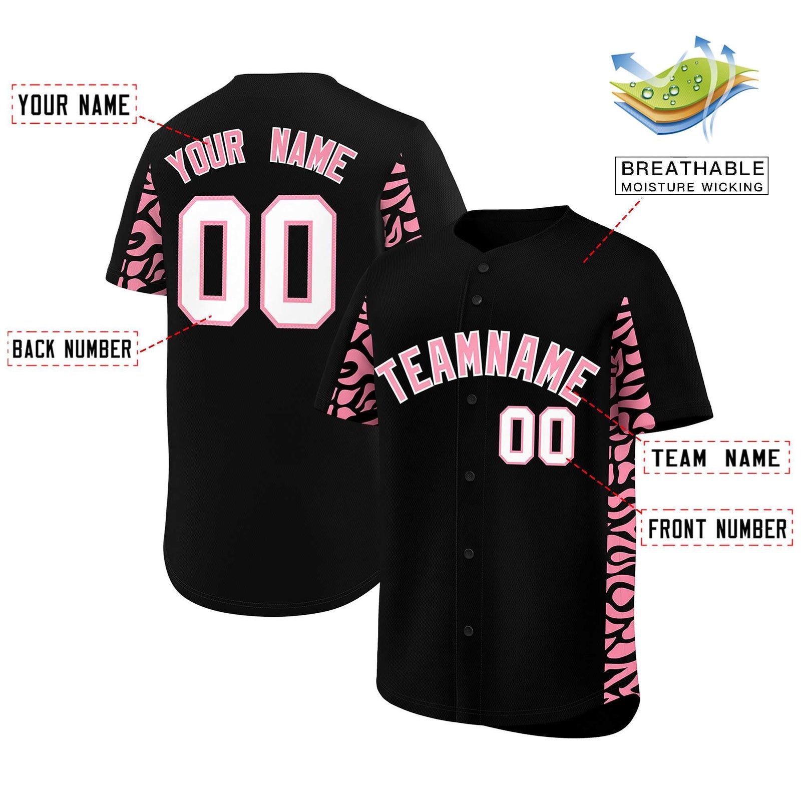 Custom Black Light Pink Personalized Leopard Graffiti Pattern Side Design Authentic Baseball Jersey