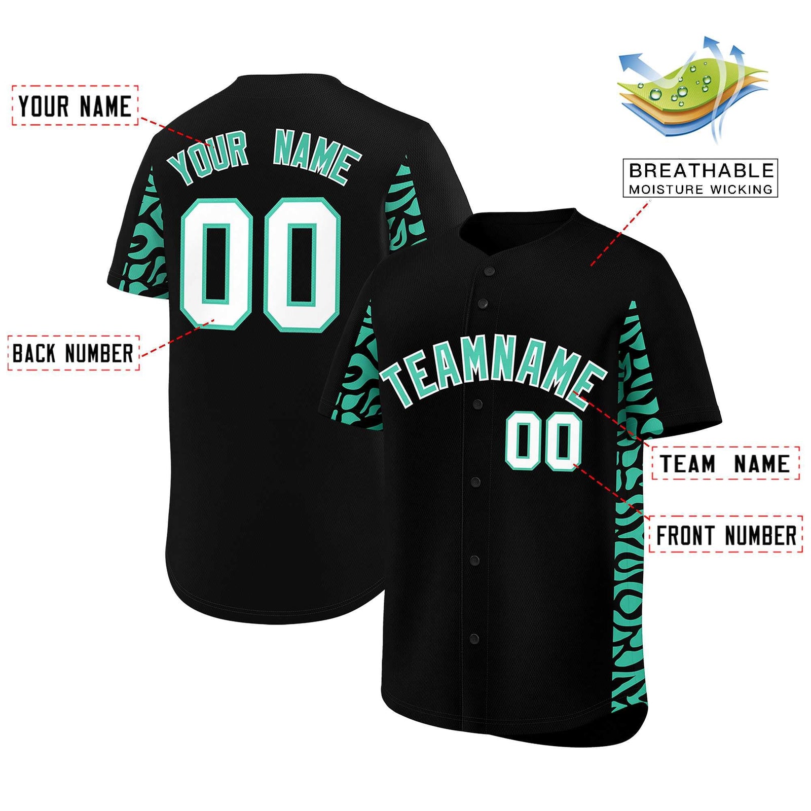 Custom Black Bright Green Personalized Leopard Graffiti Pattern Side Design Authentic Baseball Jersey