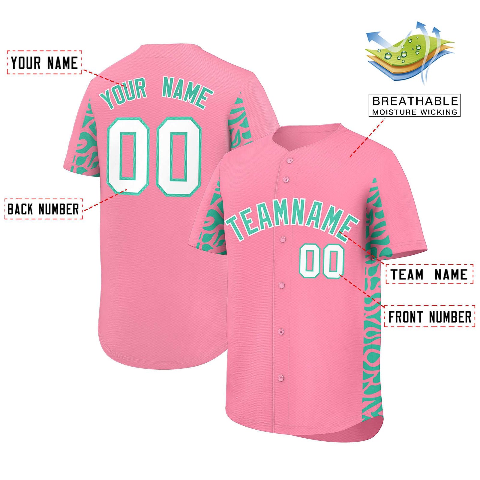 Custom Light Pink Bright Green Personalized Leopard Graffiti Pattern Side Design Authentic Baseball Jersey