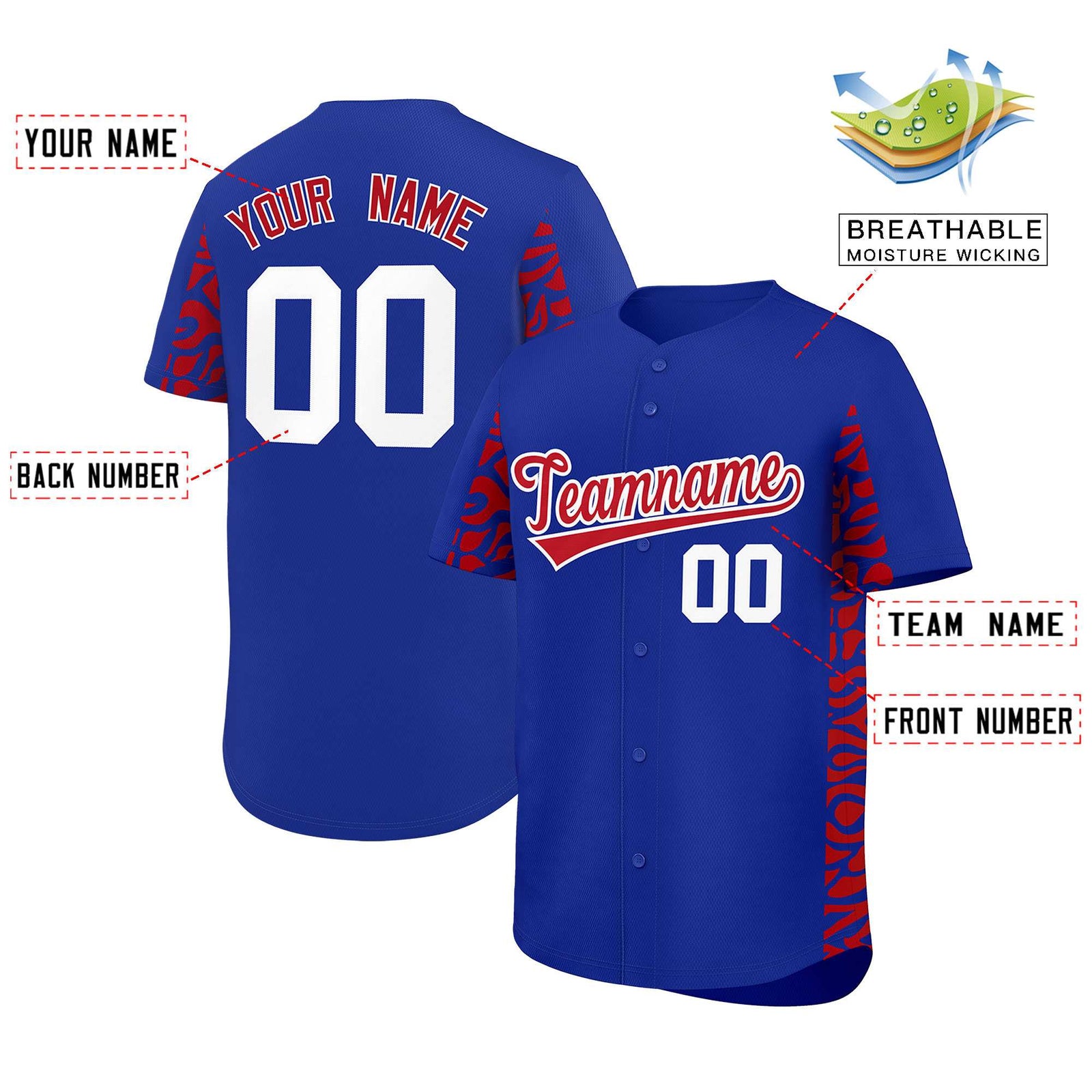 Custom Royal Red Personalized Leopard Graffiti Pattern Side Design Authentic Baseball Jersey