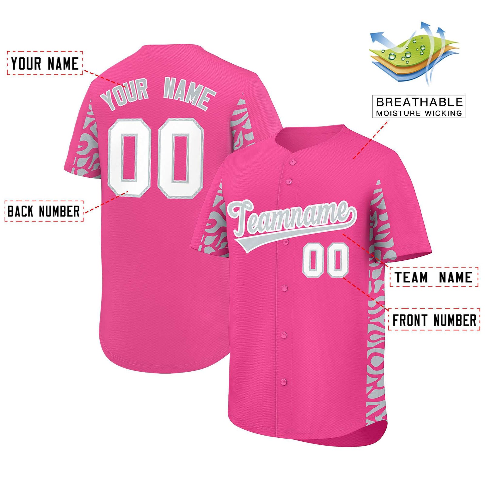 Custom Pink Silver Personalized Leopard Graffiti Pattern Side Design Authentic Baseball Jersey